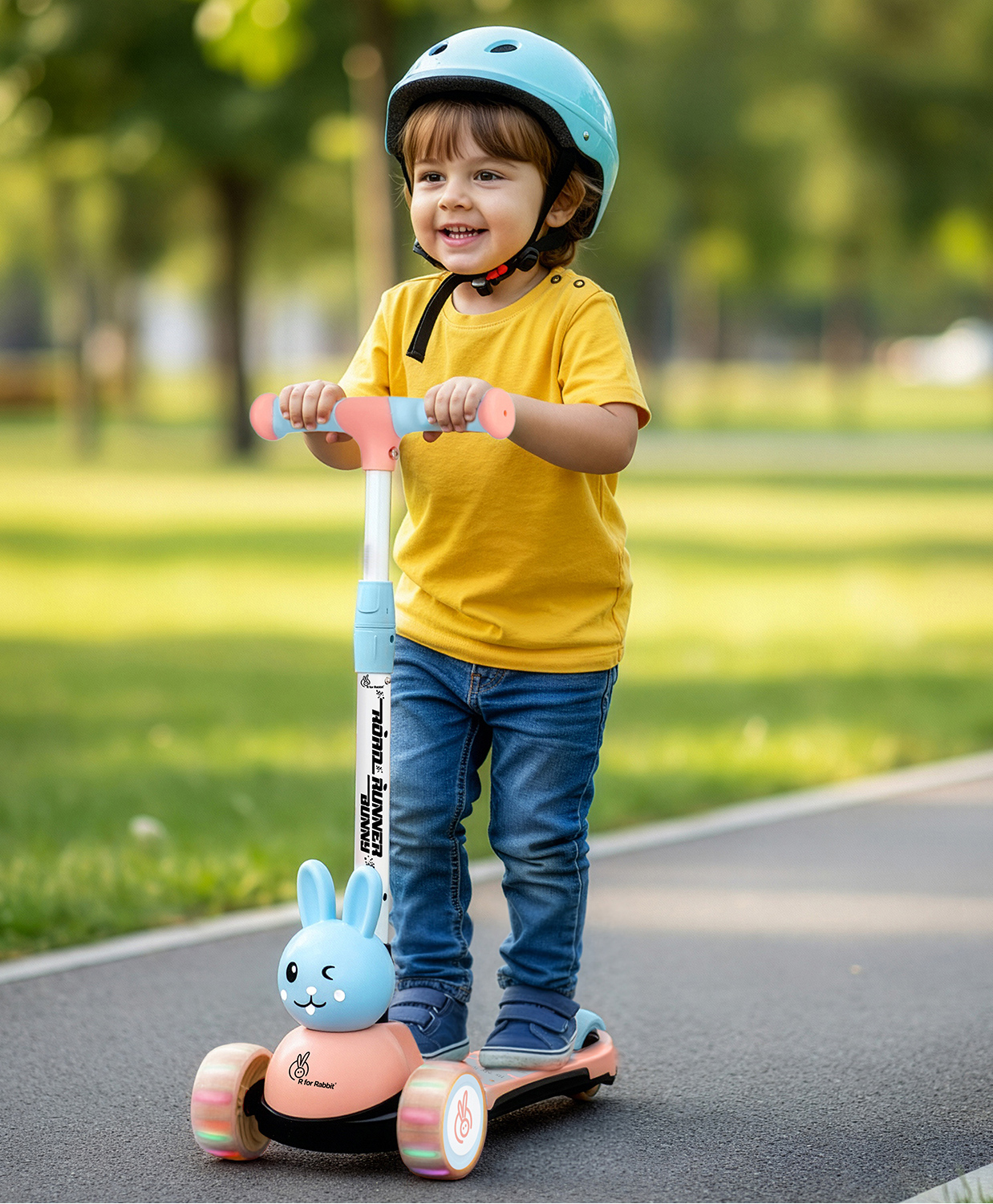 R for Rabbit Road Runner Bunny Kids Scooter 3 Level Adjustable Height Smart Fold & PU LED Wheels -Pink & Blue
