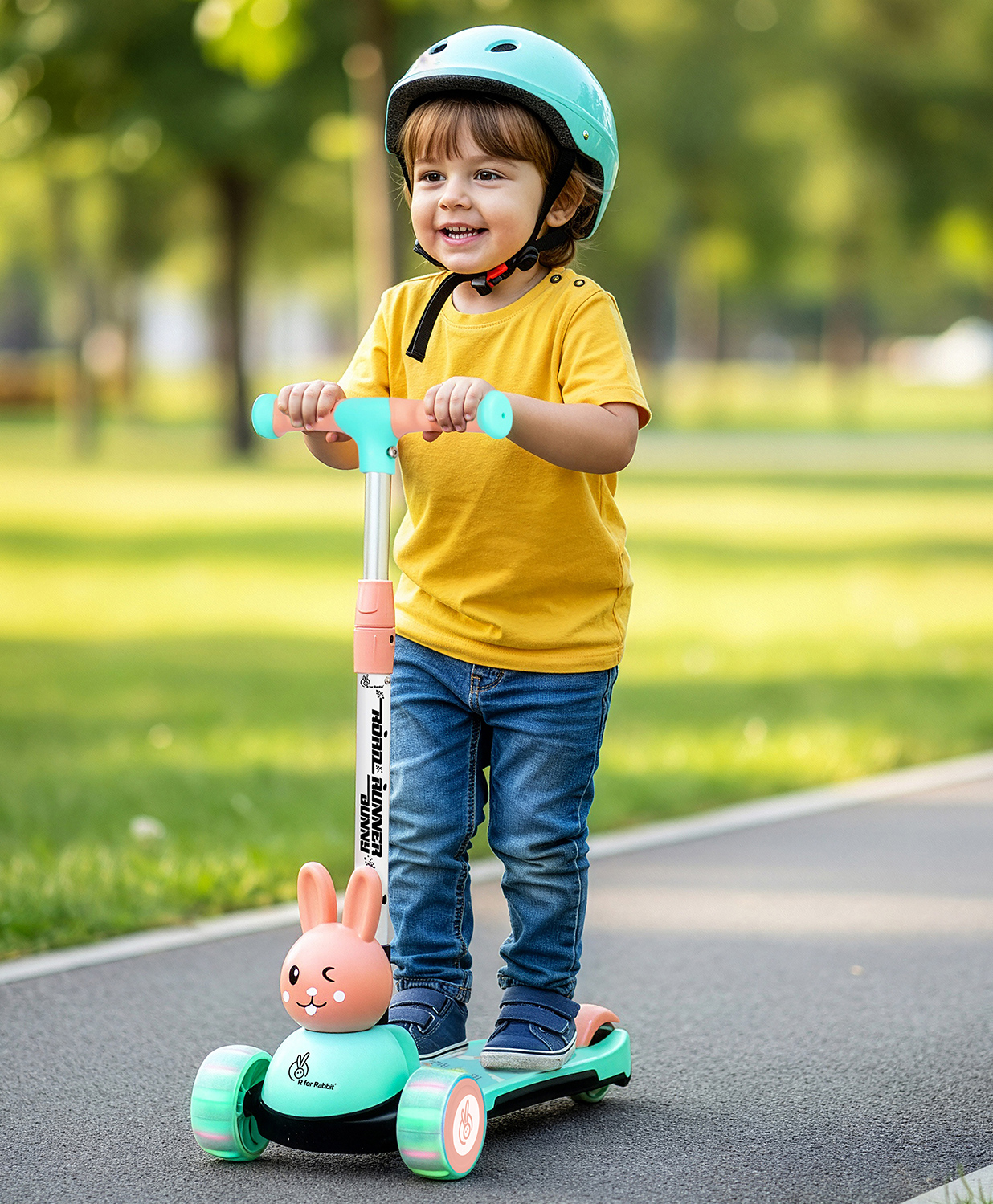 R for Rabbit Road Runner Bunny Kids Scooter 3 Level Adjustable Height Smart Fold & PU LED Wheels -Green & Peach