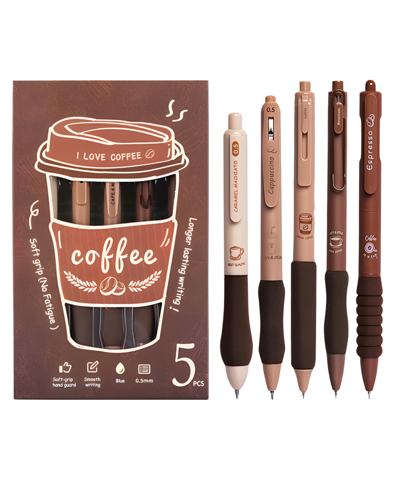 WISHKEY Stylish Retractable Pens for Kids, Coffee Theme 0.5mm Stationery Gel Pen Set for Girls & Boys, Smooth Writing Quick Dry Ink Elegant Pen for School Office Supplies, Blue Ink,(Set of 5)-image-12