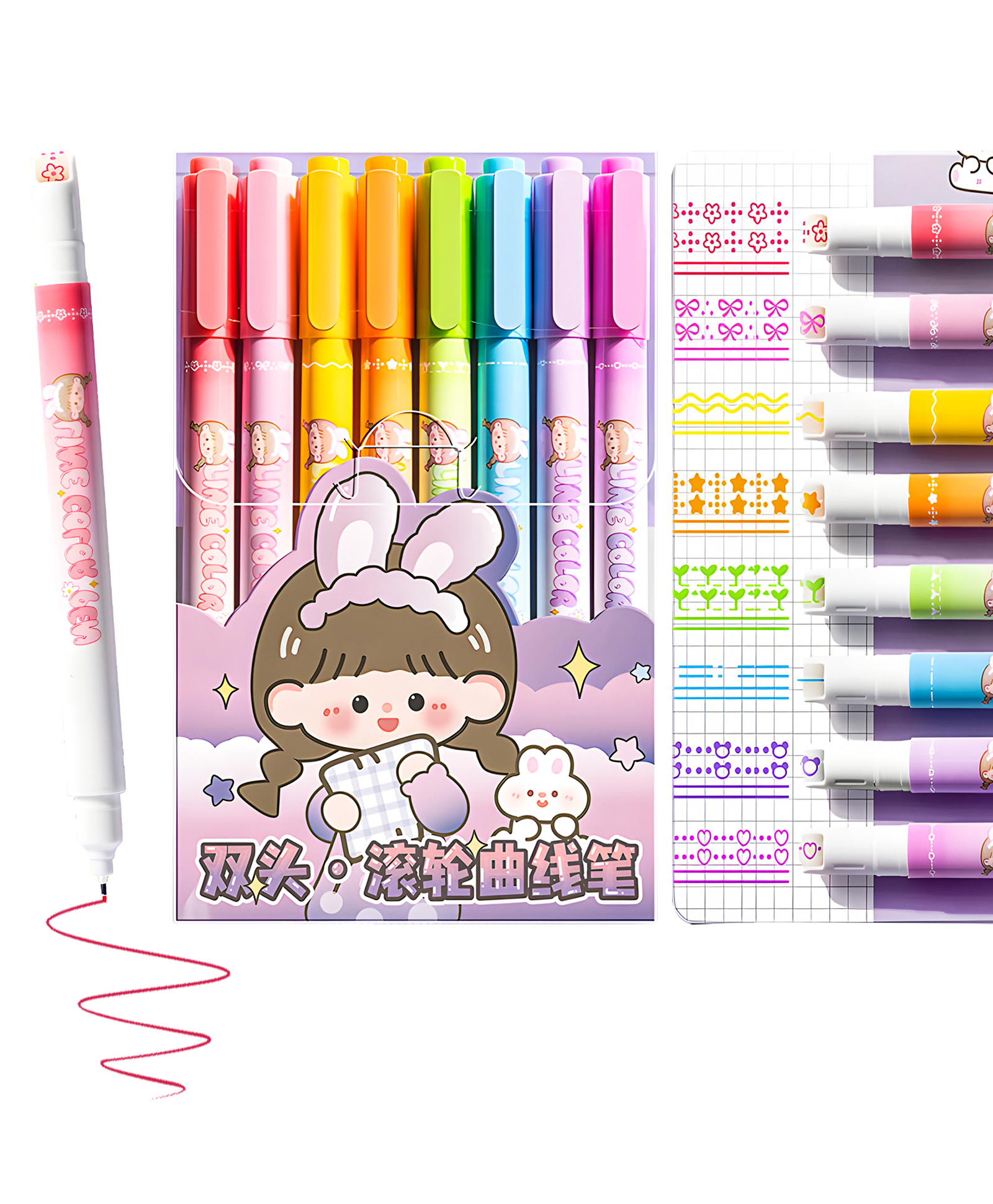 Wishkey Plastic 2 in 1 Colorful Pen Set with Stamp, Roller Stamp Curve Highlighter Pen Set, Adorable Designs, Smooth Operation, Fancy Pen for Girls, Stationery Gift for Kids, Multicolor, (Pack of 8)-picture-11