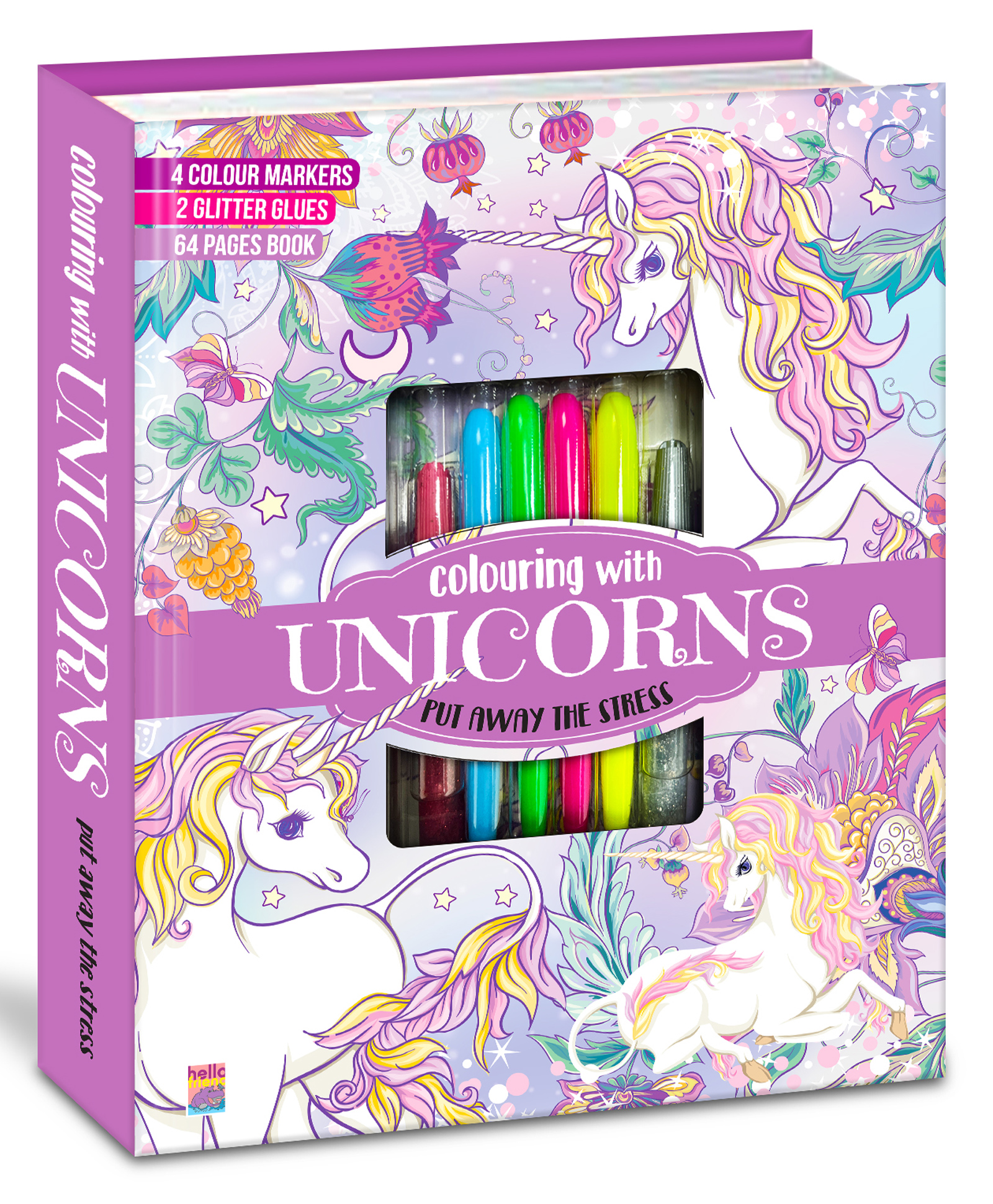 Hello Friend Books Unicorn Anti Stress Colouring Pack: Art Kit with Neon Pens, Glitter Tubes and Colouring Sheets to Relax the Mind-image-1
