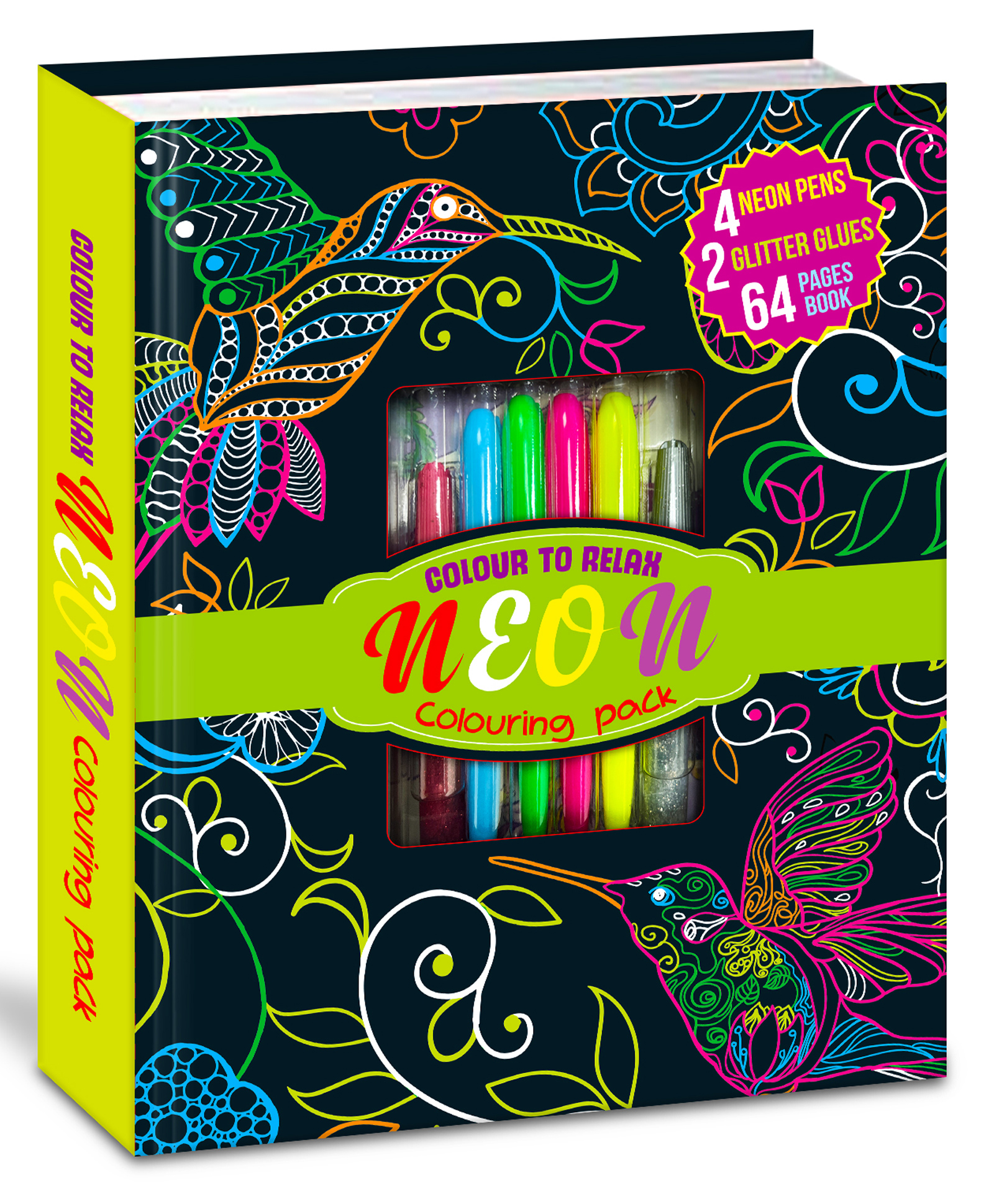 Hello Friend Books Neon Anti Stress Colouring Pack: Art Kit with Neon Pens, Glitter Tubes and Colouring Sheets to Relax the Mind