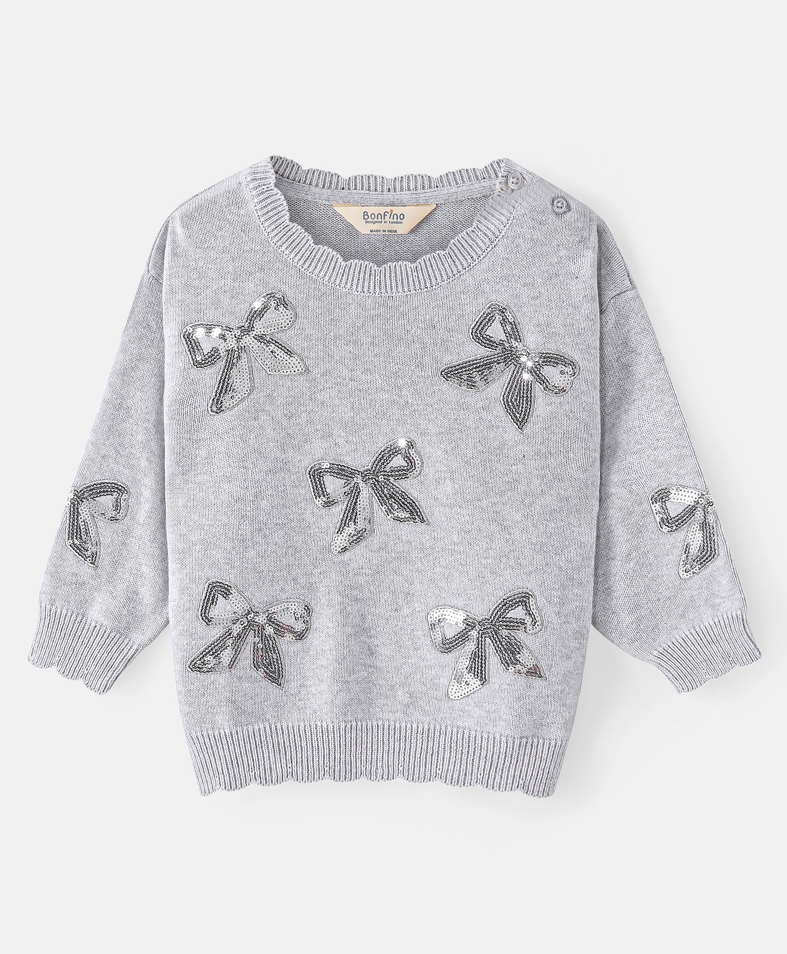 Bonfino Cotton Knit Full Sleeve Drop Shoulder Pullover with Sequined Bow Embroidery- Grey-image-22