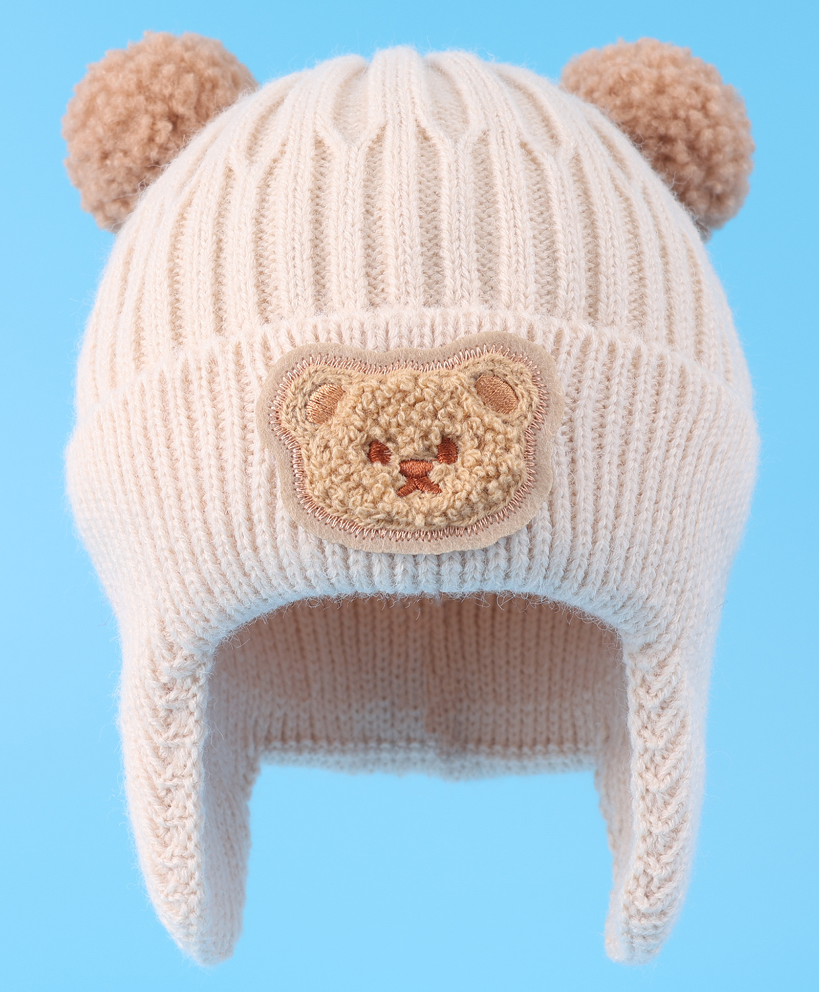 Babyhug Cable Knitted Pom Pom Woollen Cap with Teddy Bear Applique - Beige-image-2