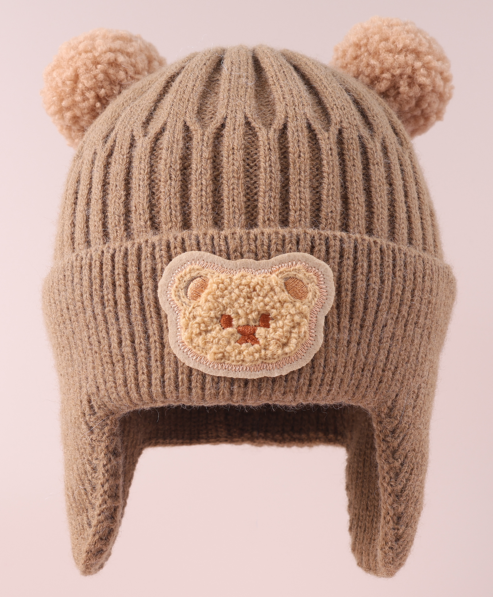 Babyhug Cable Knitted Woollen Cap with Teddy Bear Applique & Pom Pom - Khaki-image-2