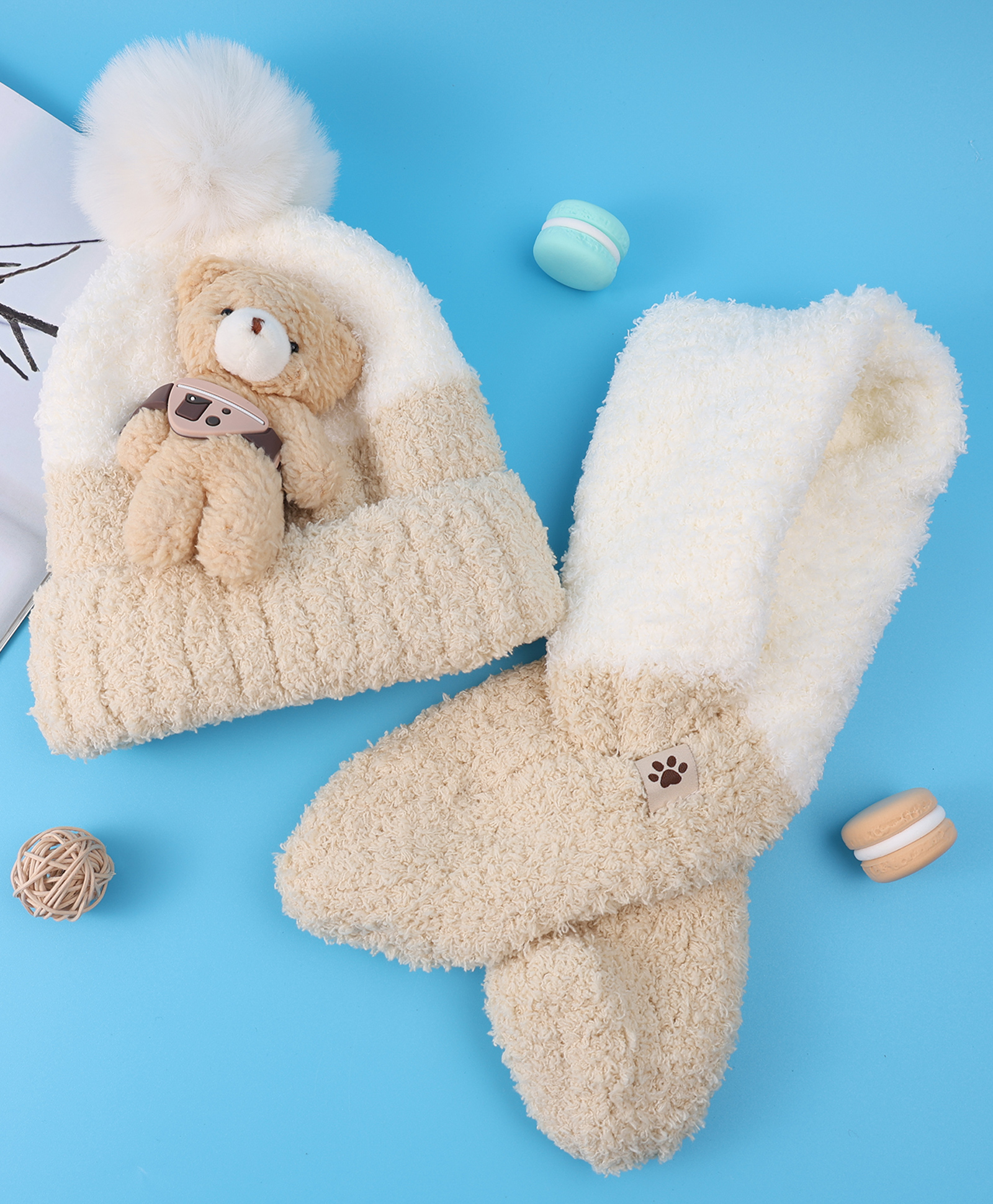 Babyhug Pom Pom  Woollen Cap & Muffler Set Teddy Bear Applique - White-image-42