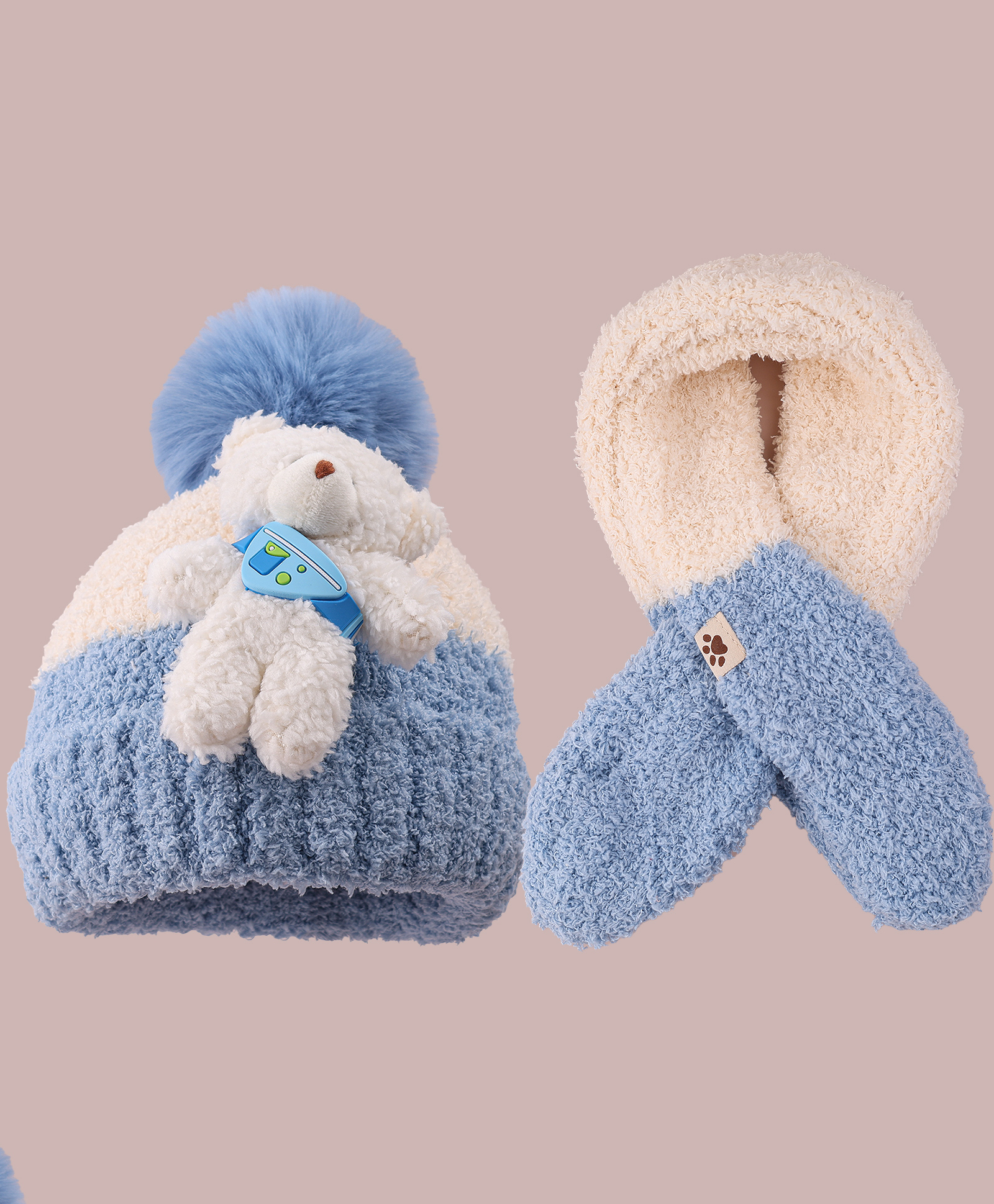 Babyhug Woolen Cap & Muffler Set with Teddy Bear Applique - Blue-image-40