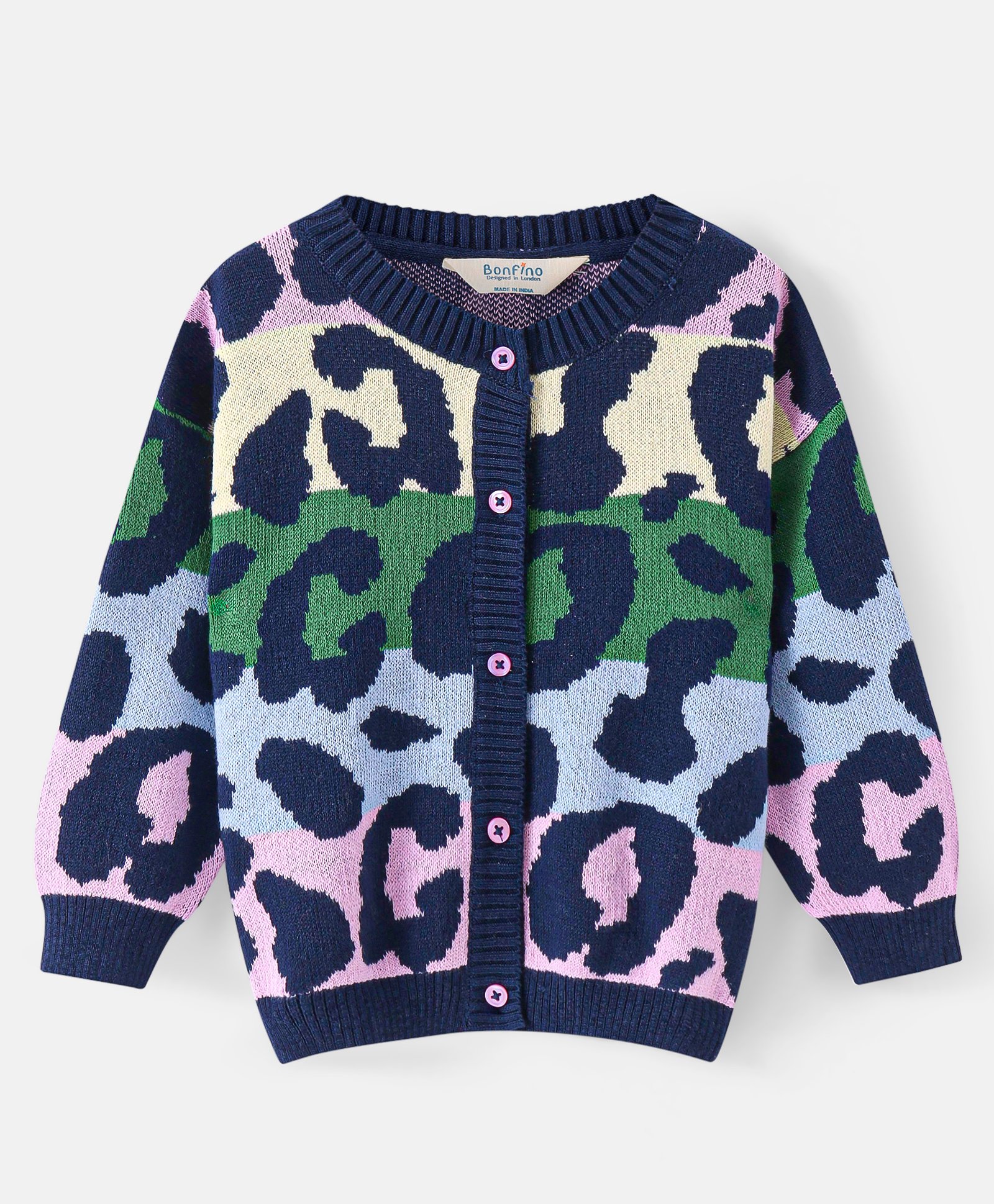 Bonfino 100% Cotton Knit Full Sleeve Drop Shoulder Front Open Sweaters with Leopard Design- Green Yellow & Black-image-15