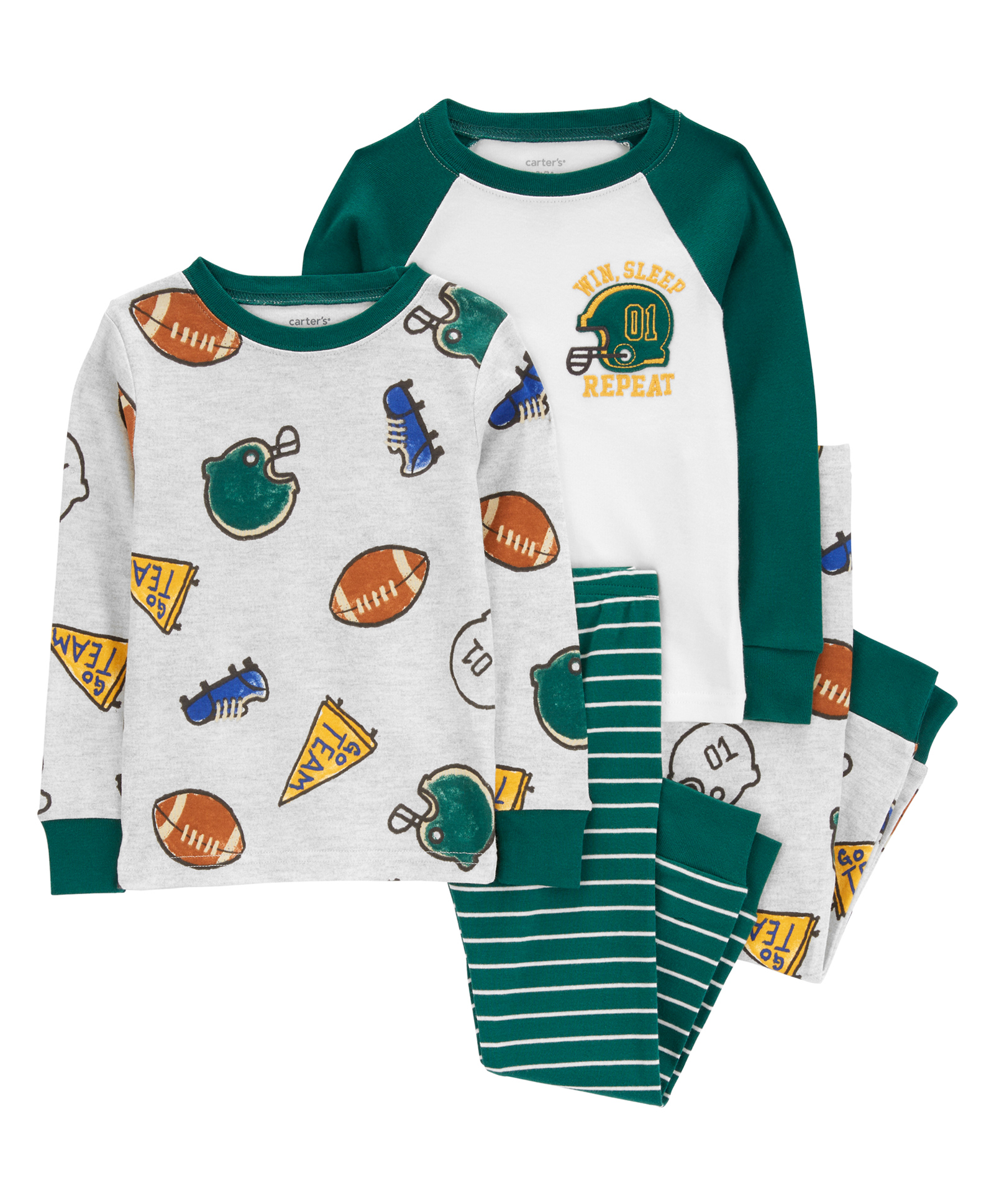 Carter's 4-Piece Sports 100% Snug Fit Cotton Pajamas - Dark Green & Grey-image-6