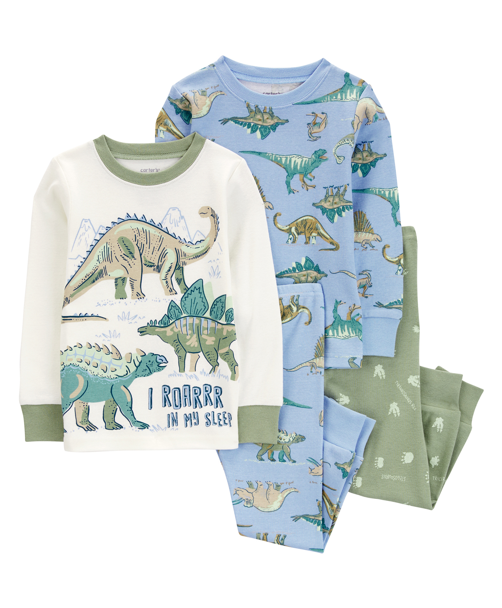Carter's 4-Piece Dinosaur 100% Snug Fit Cotton Pajamas - White Light Blue & Green-image-4