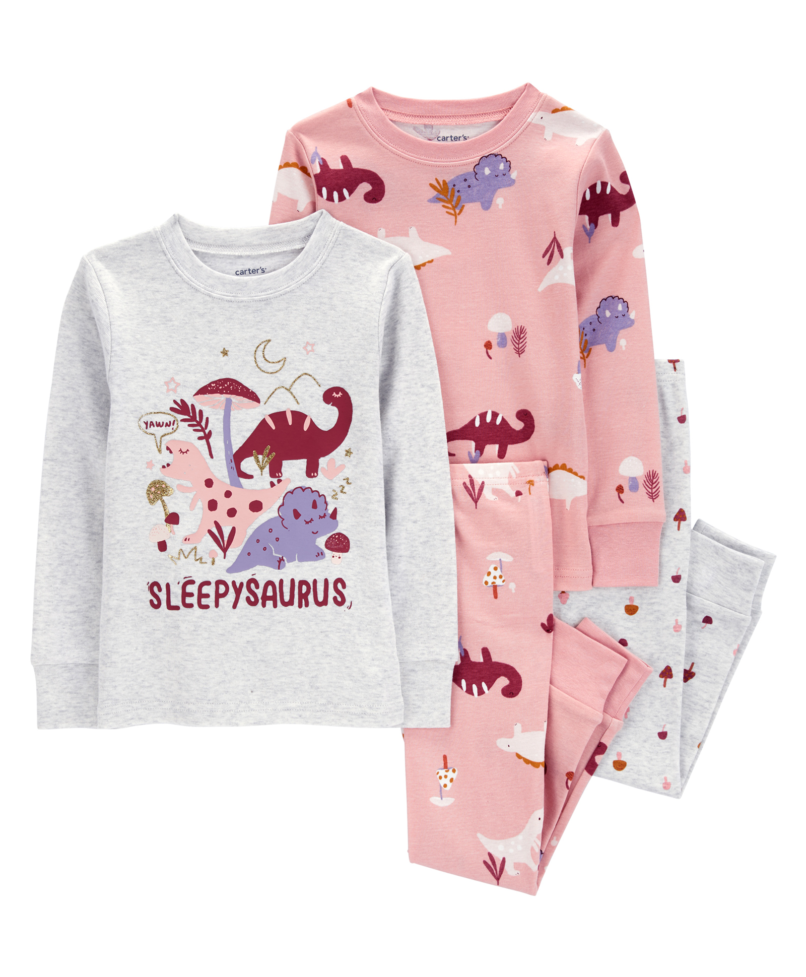 Carter's 4-Piece Dinosaur Cotton Blend Pajamas - Pink & Light Grey-picture-13