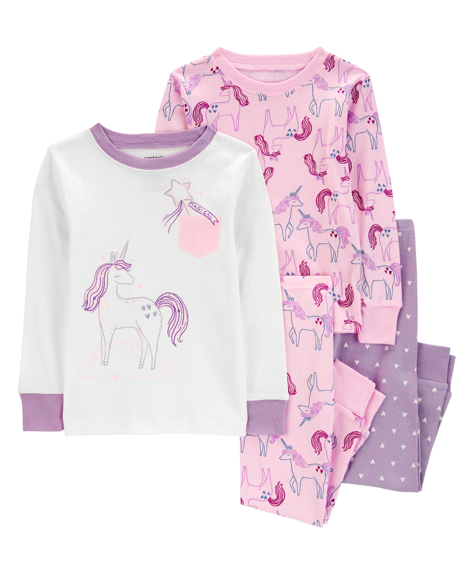 Carter's 4-Piece Unicorn 100% Snug Fit Cotton Pajamas - Pink & White-image-1