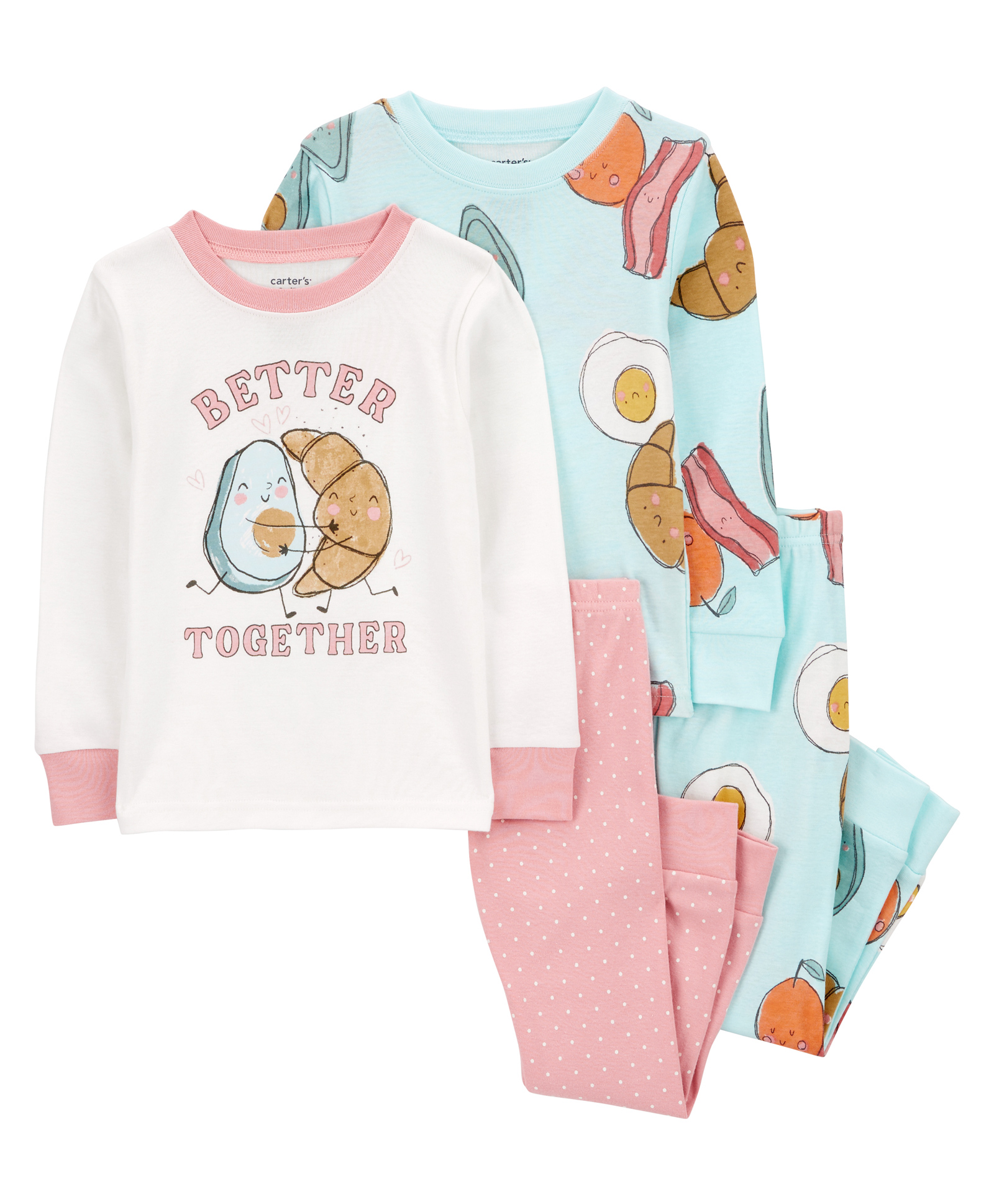 Carter's Knit Full Sleeves Night Suits With Fruit & Text Print Pack of 2 - White Pink & Blue-picture-28