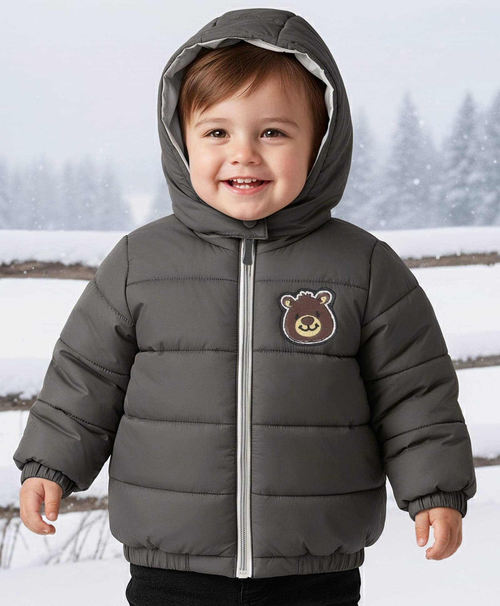 Babyoye Woven Full Sleeves Padded Hooded Jacket With Bear Patch Detailing - Olive Green-image-43