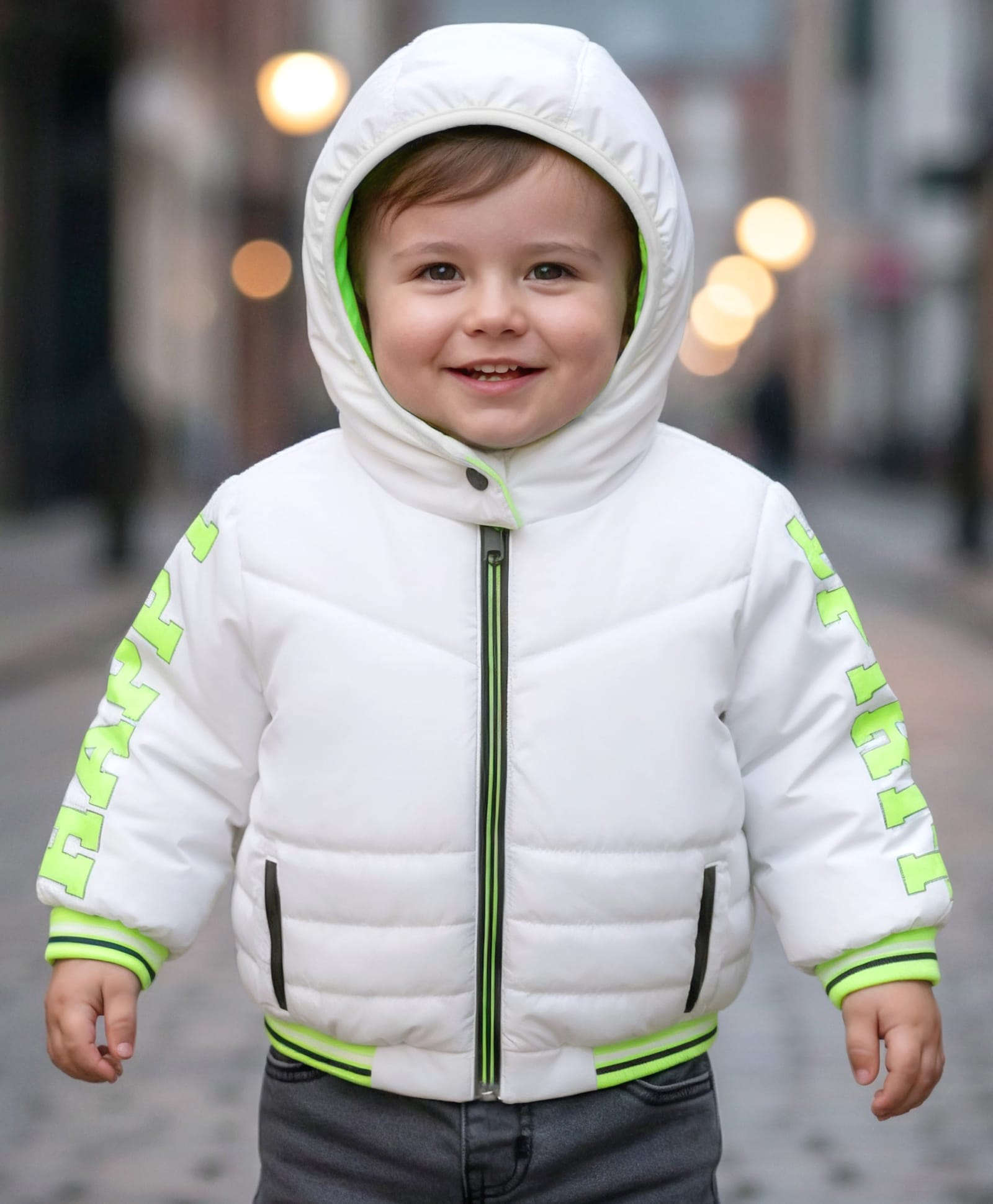 Babyoye Woven Full Sleeves Front Open Padded Hooded Jacket with Text Print - White-image-41