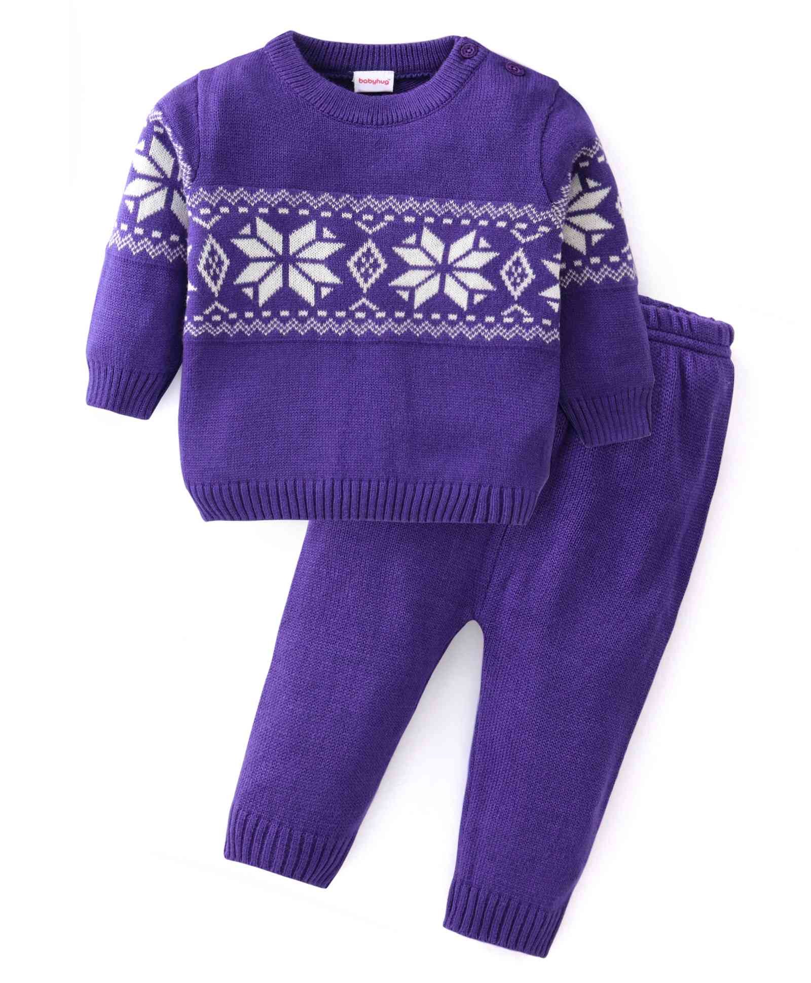 Babyhug Knit Full Sleeves Sweater Set With Floral Design - Purple-picture-23