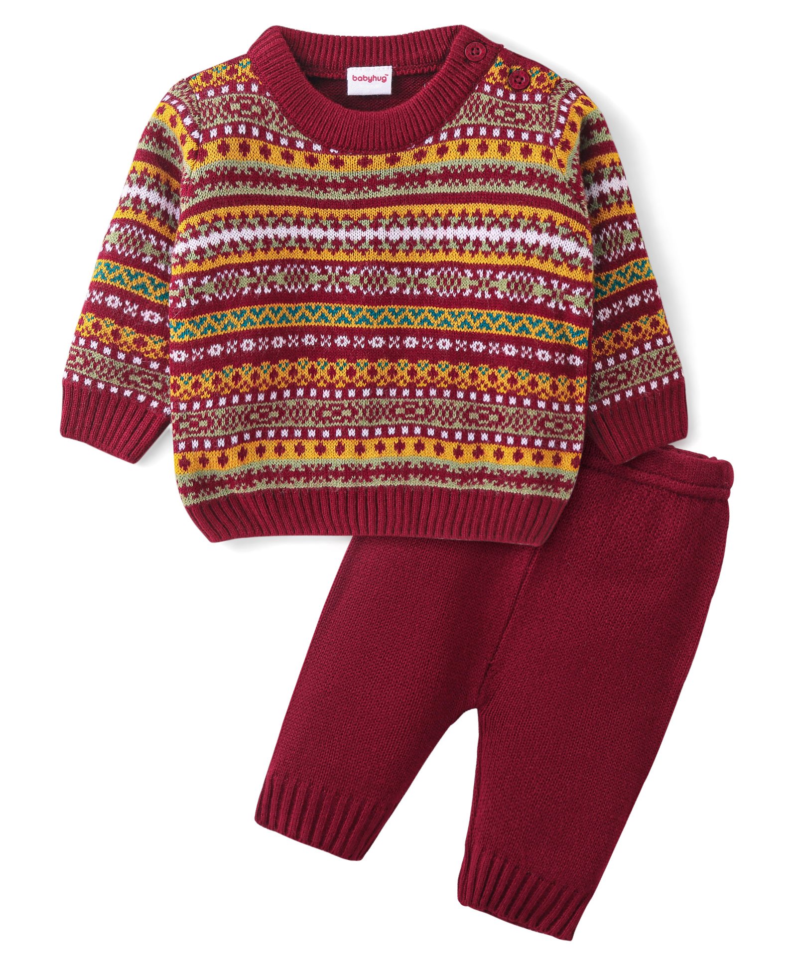 Babyhug Knitted Full Sleeves Sweater Set with Aztec Design - Maroon-picture-20