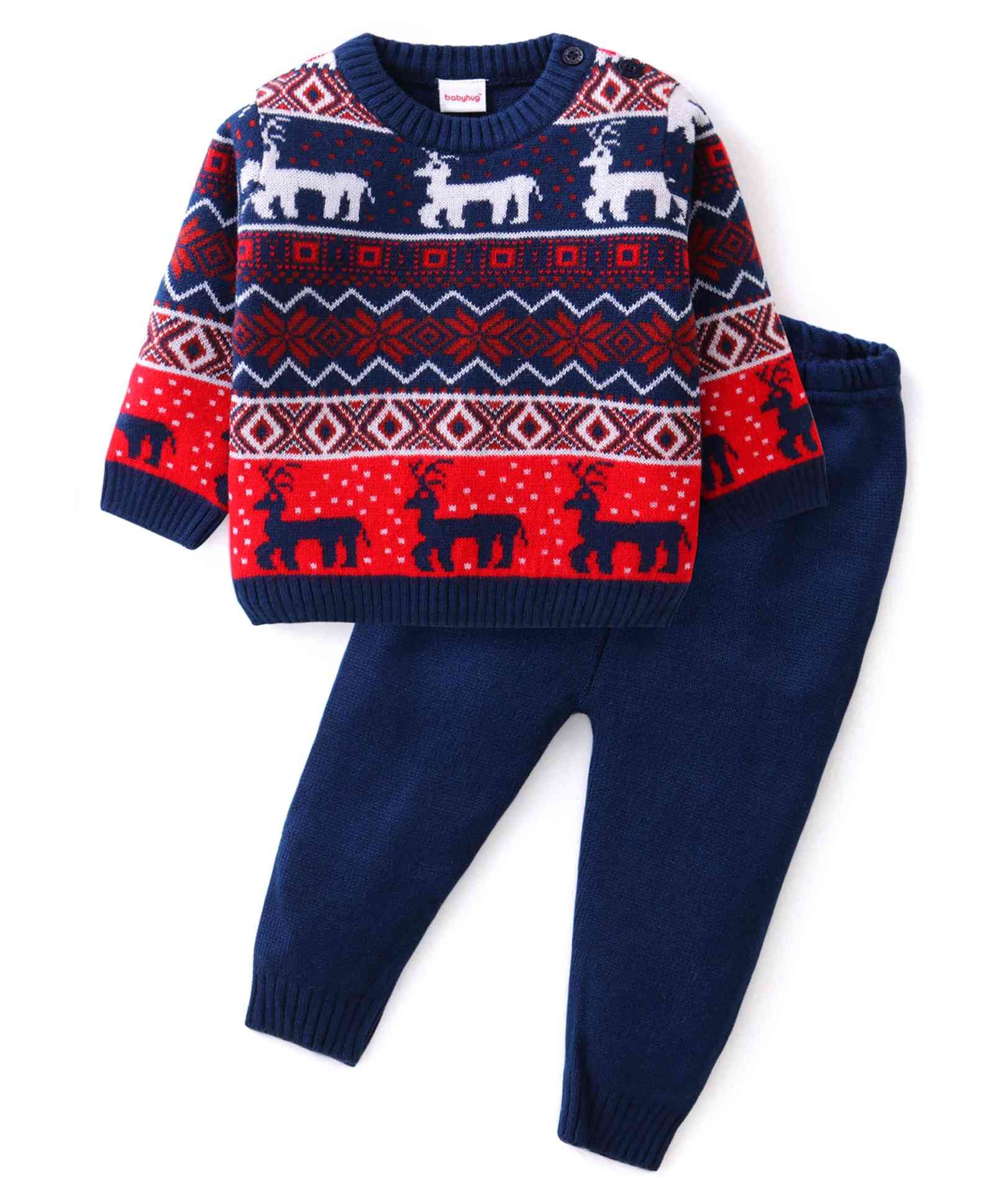 Babyhug Knit Full Sleeves Sweater Set With Reindeer Design - Navy Blue-picture-12