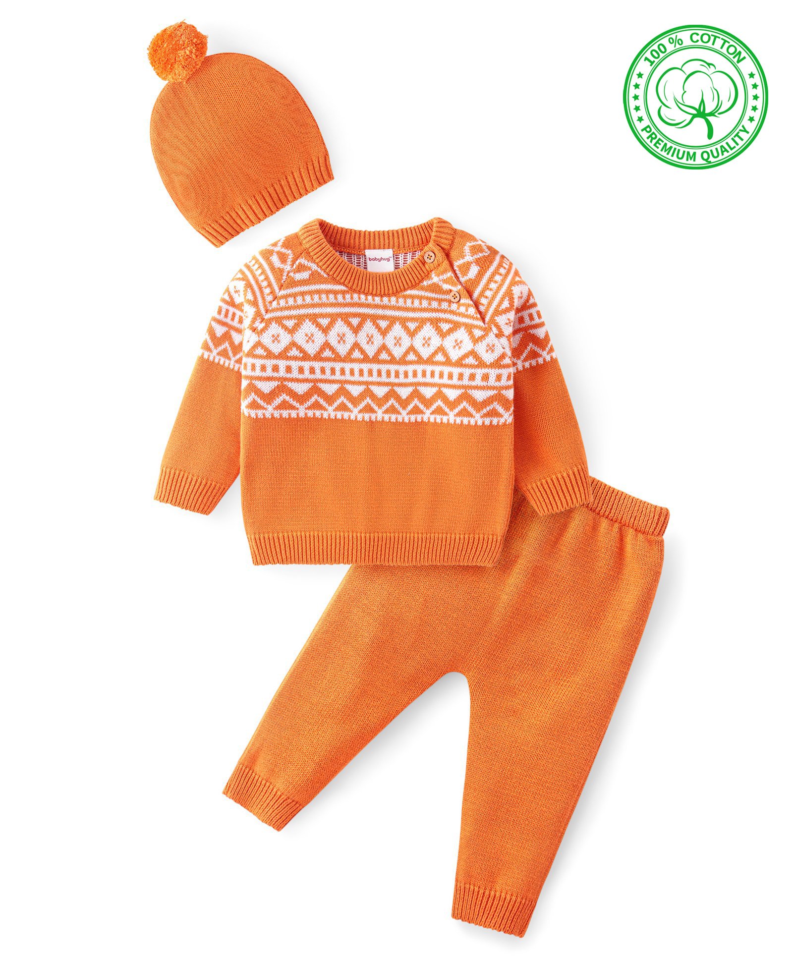 Babyhug Cotton Knit Full Raglan Sleeves Sweater Set with Cap Aztec Design - Orange & White-picture-12