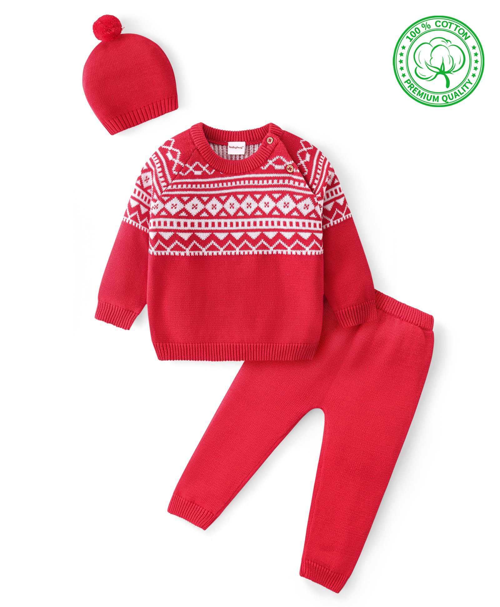 Babyhug Cotton Knit Full Raglan Sleeves Sweater Set with Cap Aztec Design - Red-picture-10