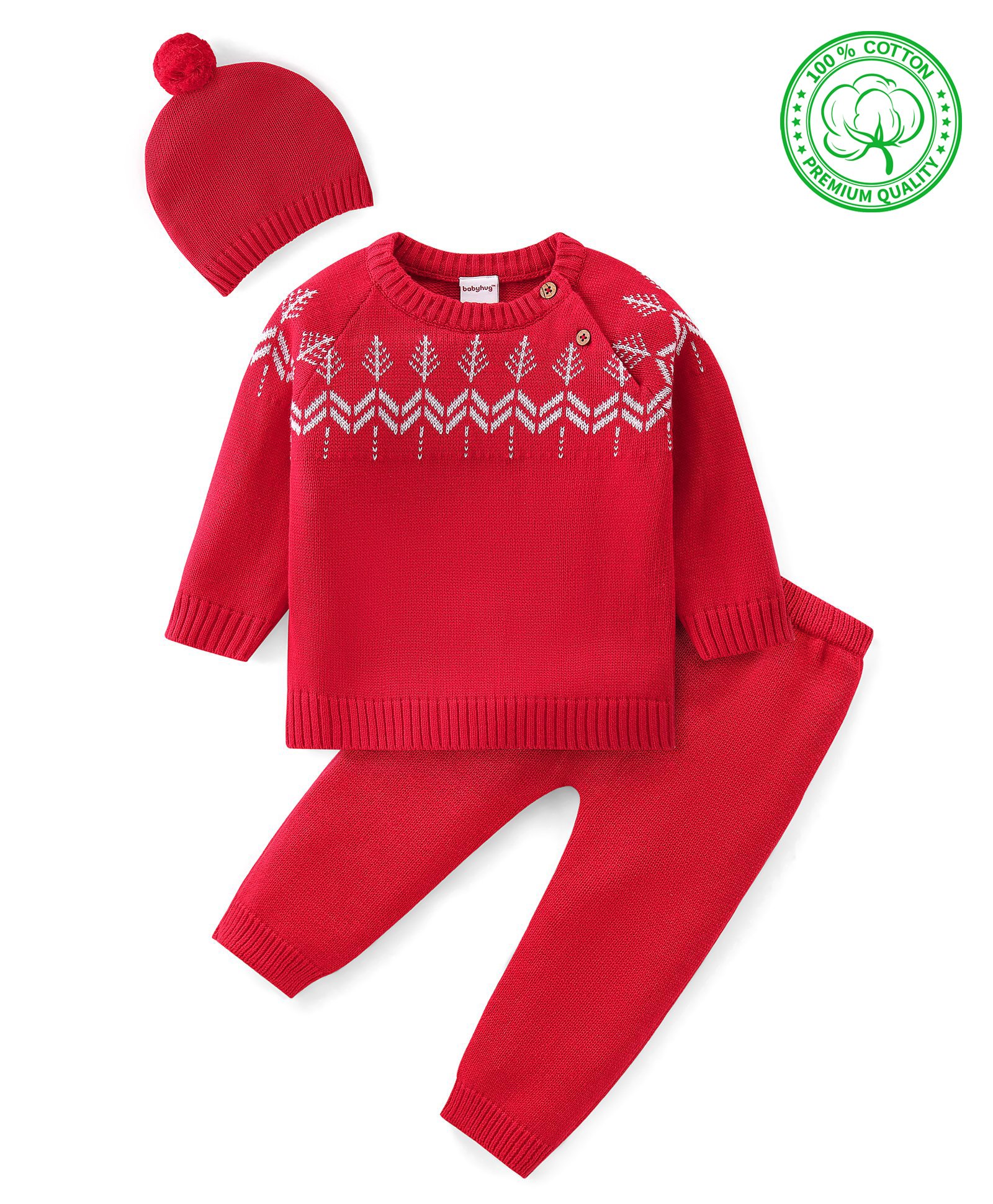 Babyhug Knitted Full Raglan  Sleeves Pullover Sweater Set with Cap &  Christmas Tree Design - Red-image-43