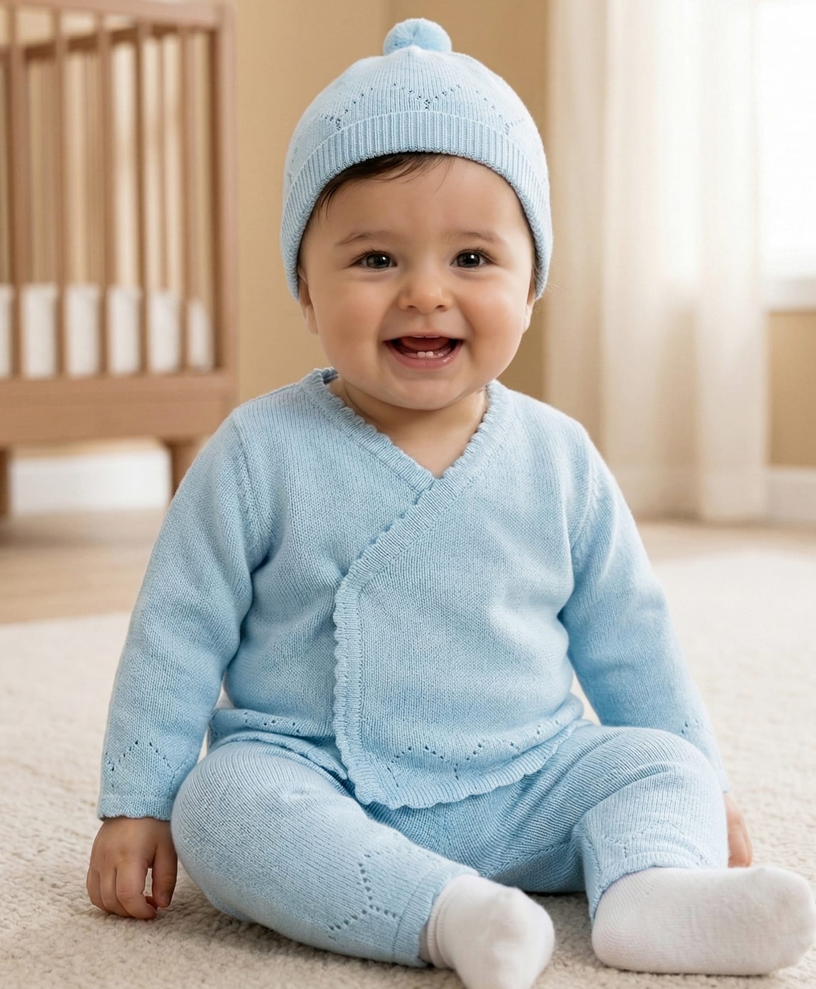 Babyoye Cotton Knit full Sleeves Front Open Solid Colour Sweater Set With Cap - Bight Blue-image-45