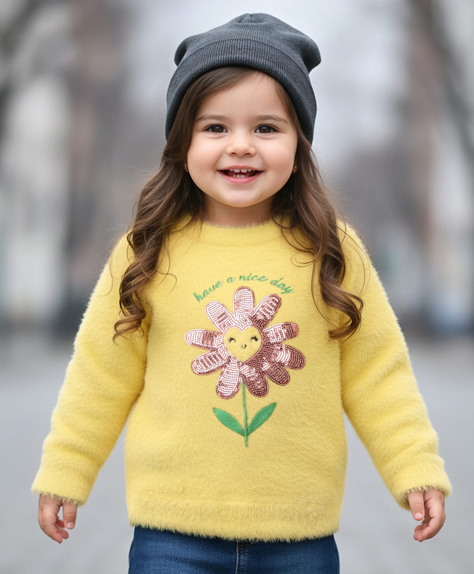 Babyhug Knitted Full Sleeves Soft Hairy Yarn Pullover Sequinned Sweater - Yellow