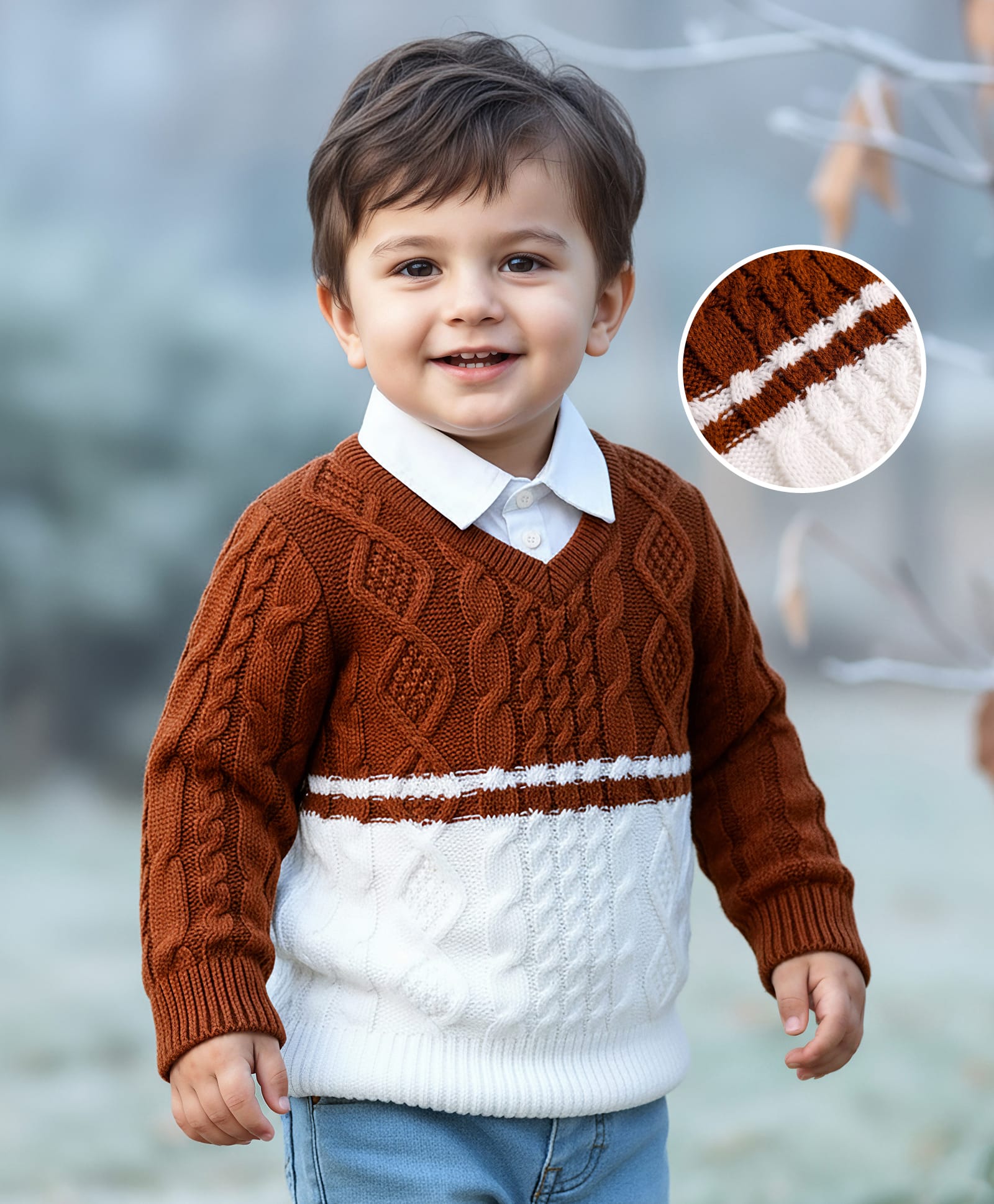 Babyhug Knitted Full Sleeves Mock Collar Neck Pullover Sweater With Cable Knit Design - Rust Orange & White-image-5