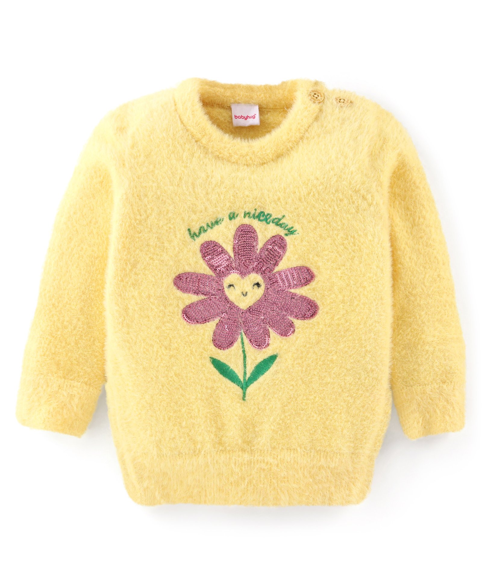Babyhug Knitted Full Sleeves Pullover Sweater with Floral Design - Yellow-image-30