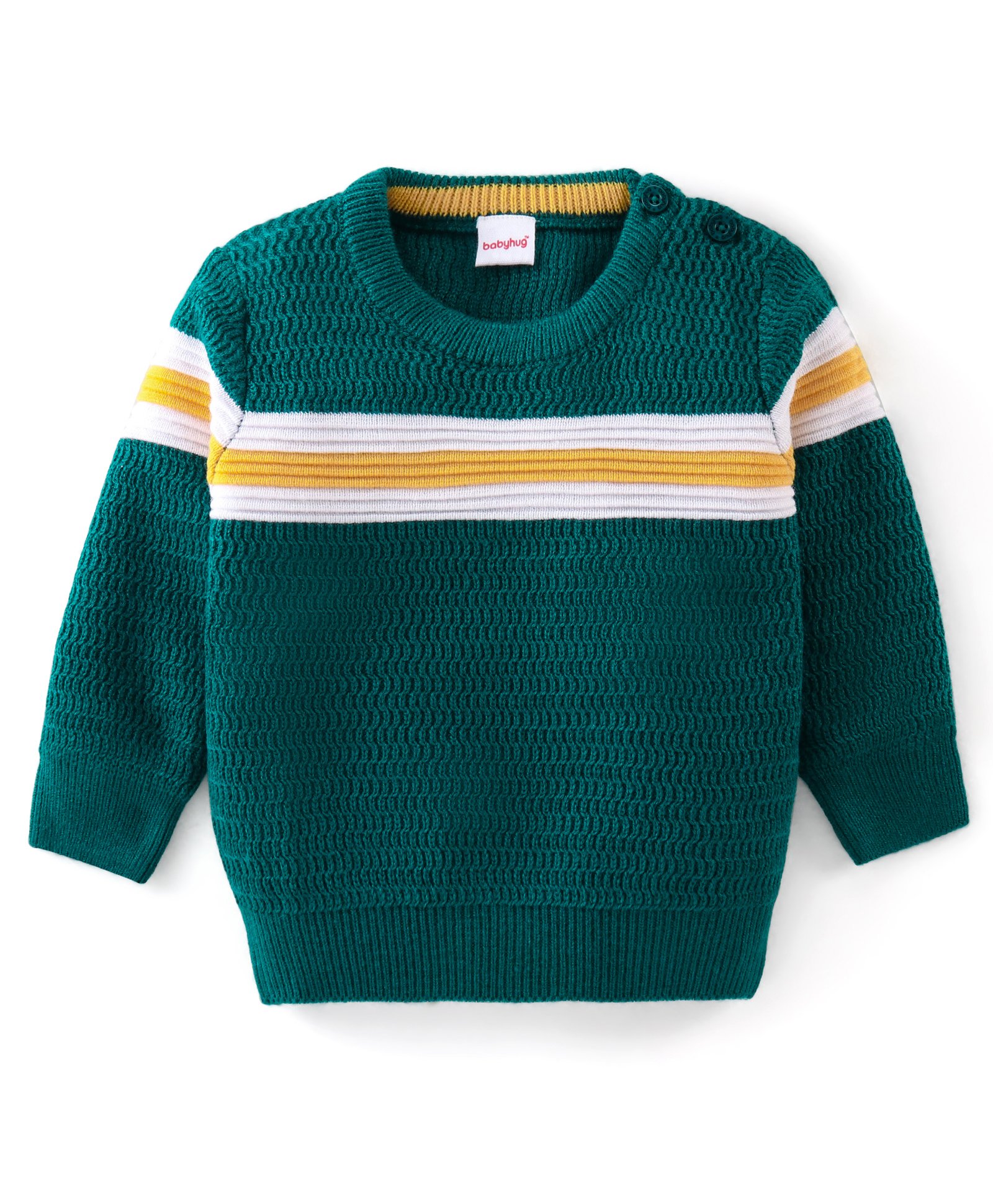 Babyhug Knitted Full Sleeves Striped Pullover Sweater - Teal Blue-image-4
