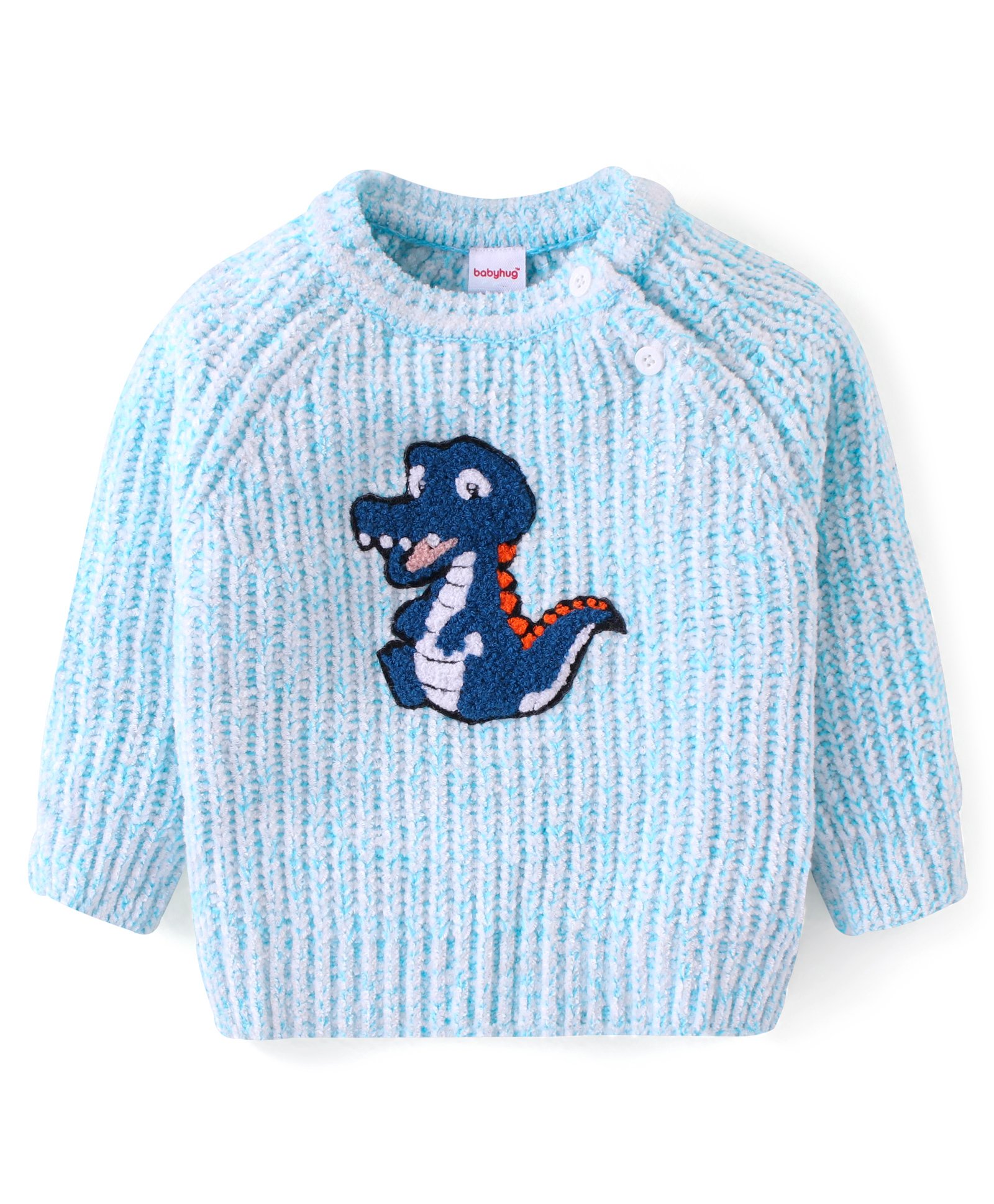 Babyhug Knitted Full Sleeves Pullover Sweater with Dino Design -Light Blue-image-37