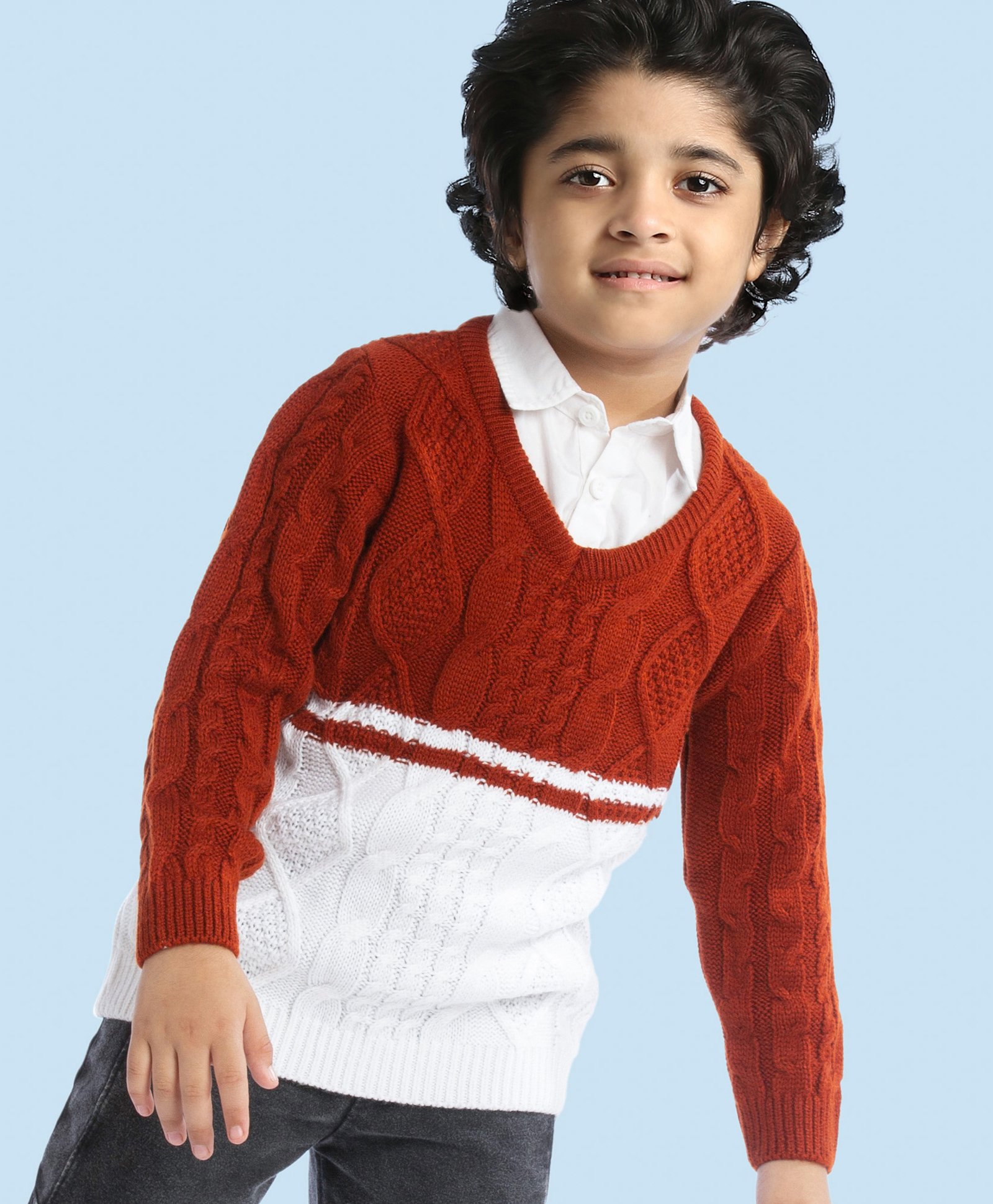 Babyhug Full Sleeves Pullover Sweater with Cable Knit Design - Rust Brown-image-42