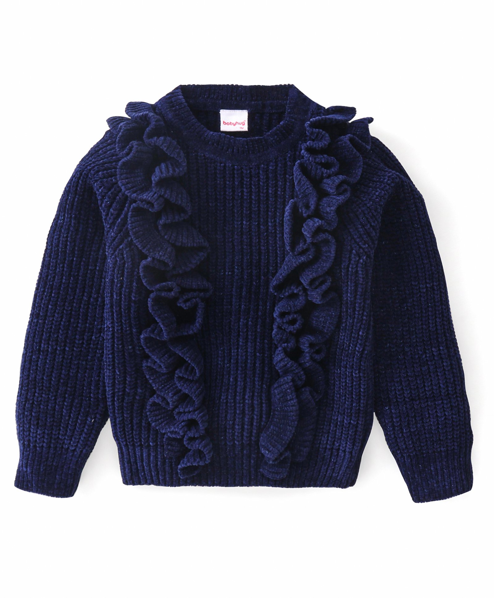 Babyhug Knitted Full Sleeves Pullover Sweater with Solid Colour & Frill Detailing - Navy Blue-picture-10
