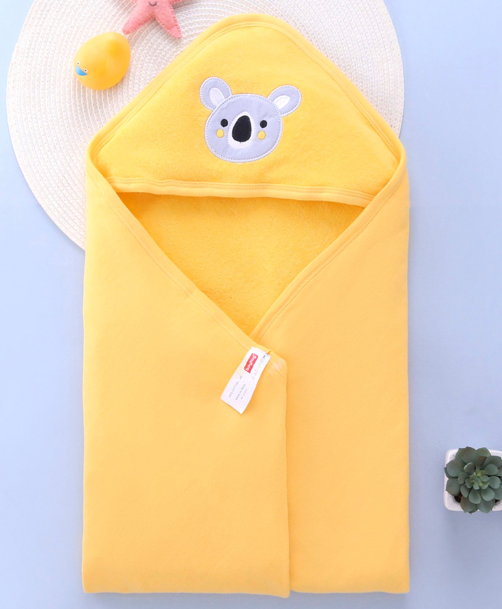 Babyhug Terry Knit Hooded Bath Towel Koala Embroidered L 75 x B 75 cm - Yellow-image-29