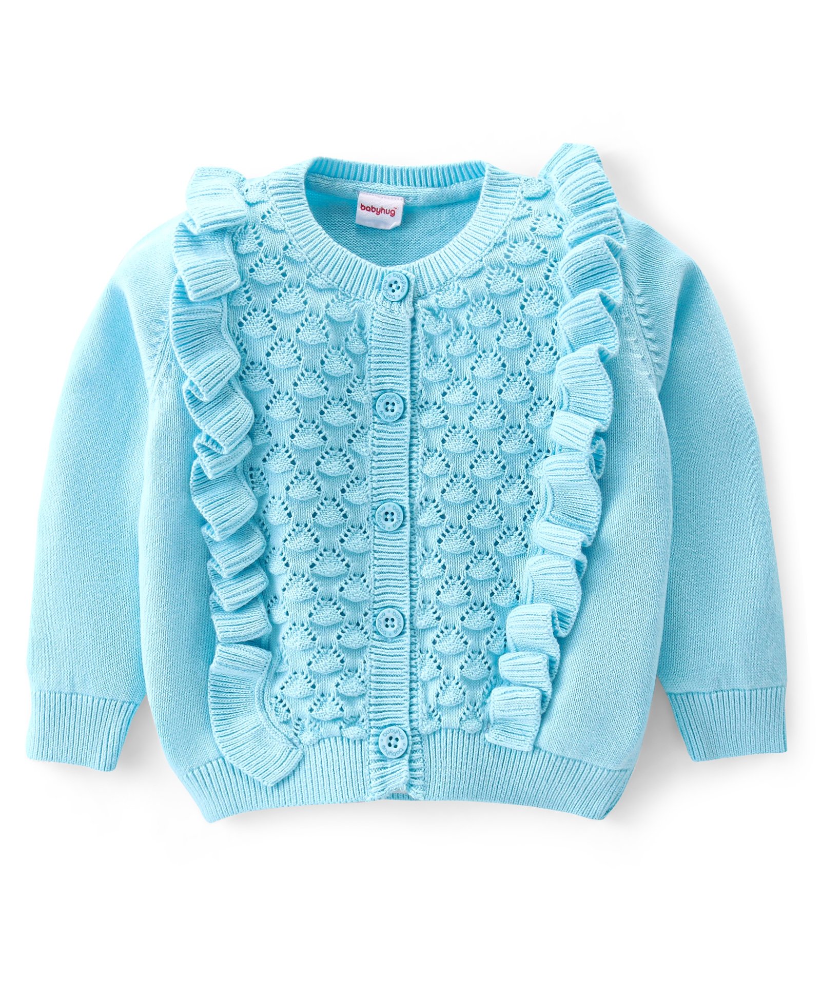 Babyhug Knitted Full Sleeves Front Open Sweater With Frill Detailing - Aqua Blue-picture-18