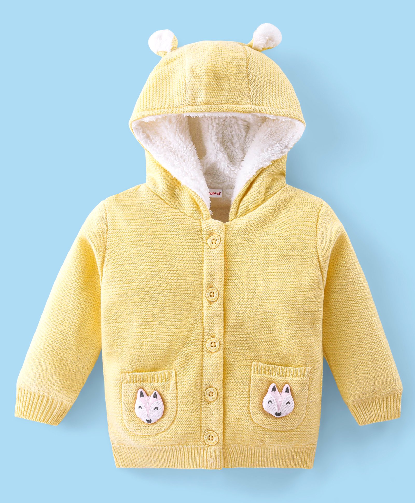 Babyhug Knitted Full Sleeves Hooded Front Open Sweater with Fox Applique - Yellow-picture-15