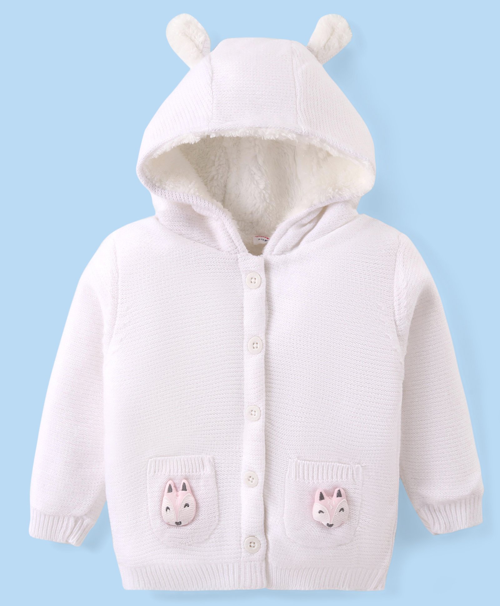 Babyhug Knitted Full Sleeves Hooded Front Open Sweater with Fox Applique - White-picture-23