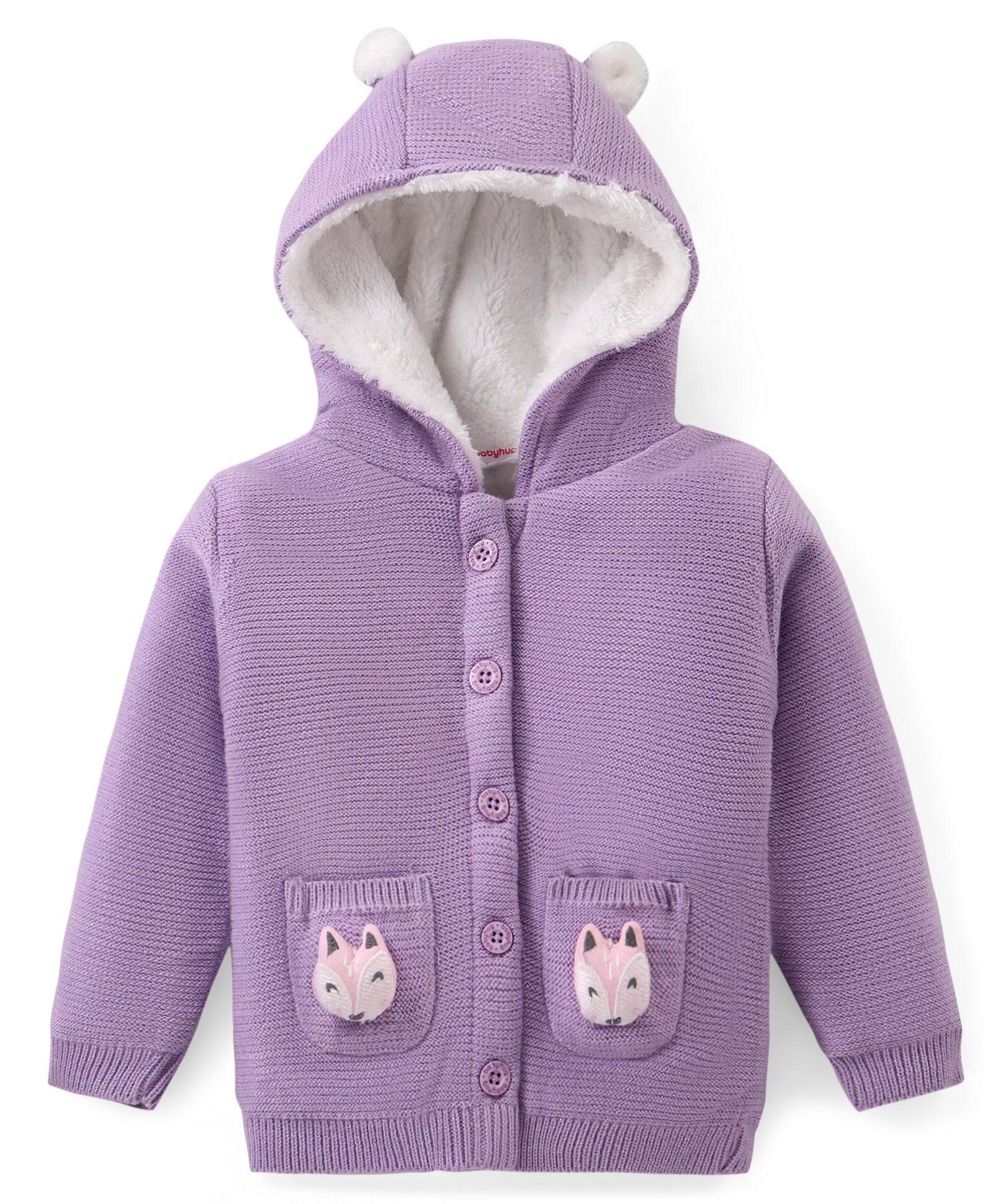 Babyhug Knitted Full Sleeves Hooded Front Open Sweater with Fox Applique - Lavender-image-31