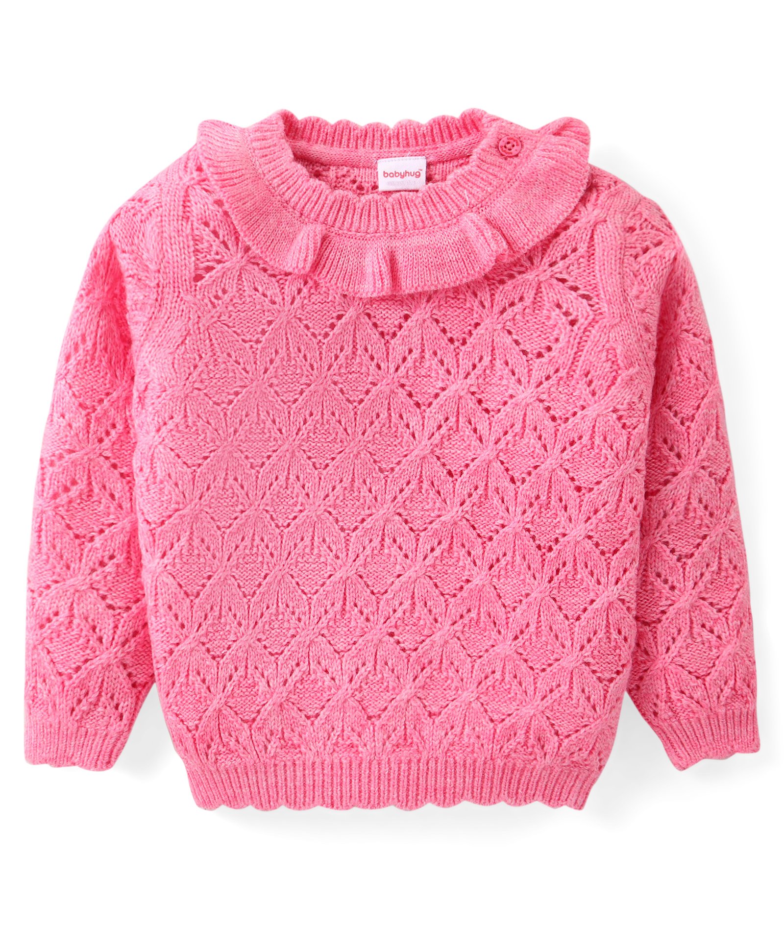 Babyhug Knitted Full Sleeves Pullover Designed Sweater with Frill Detailing - Pink