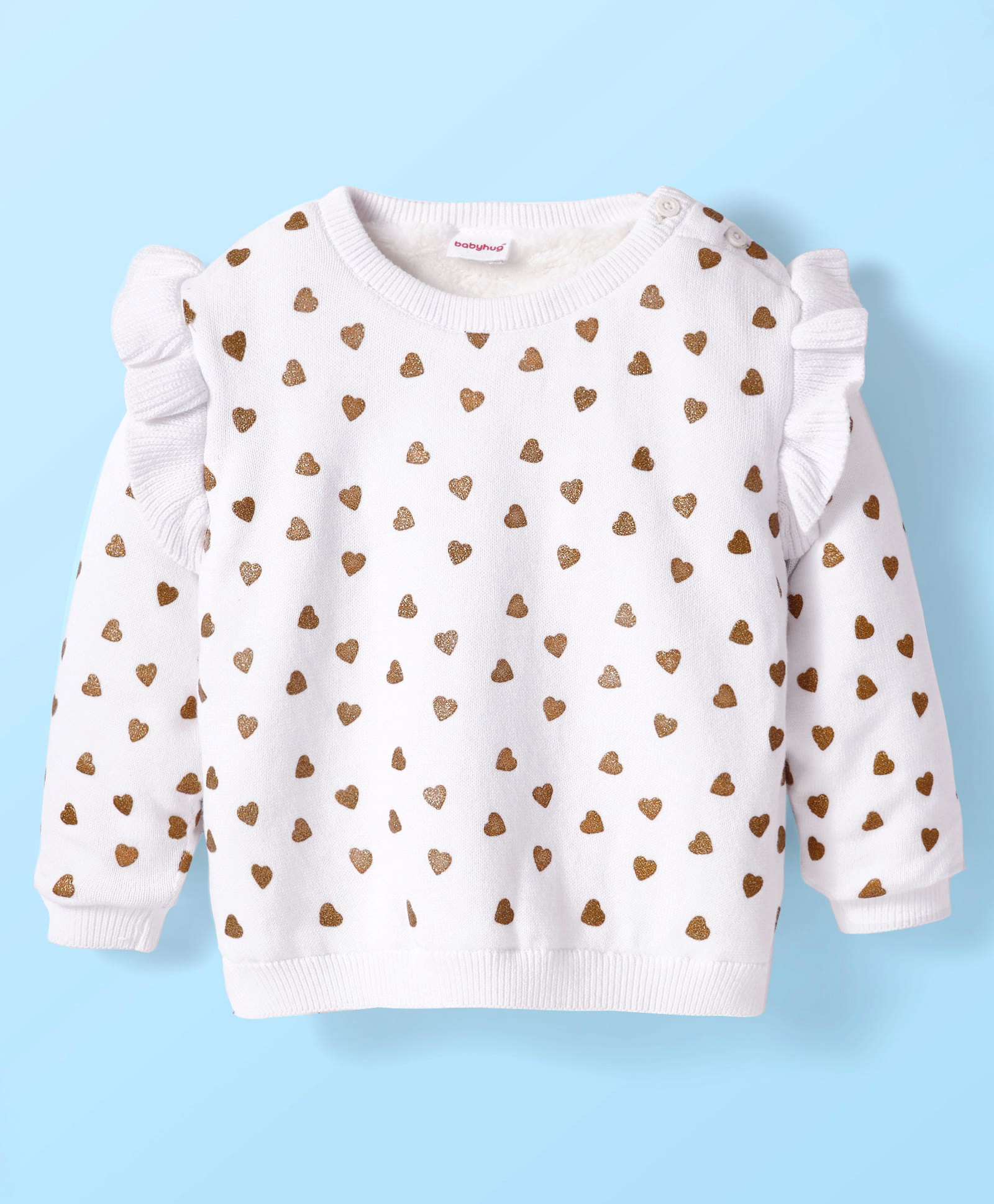 Babyhug Knitted Full Sleeves Pullover Sweater with Glitter Hearts Design & Frill Detailing - White-image-45