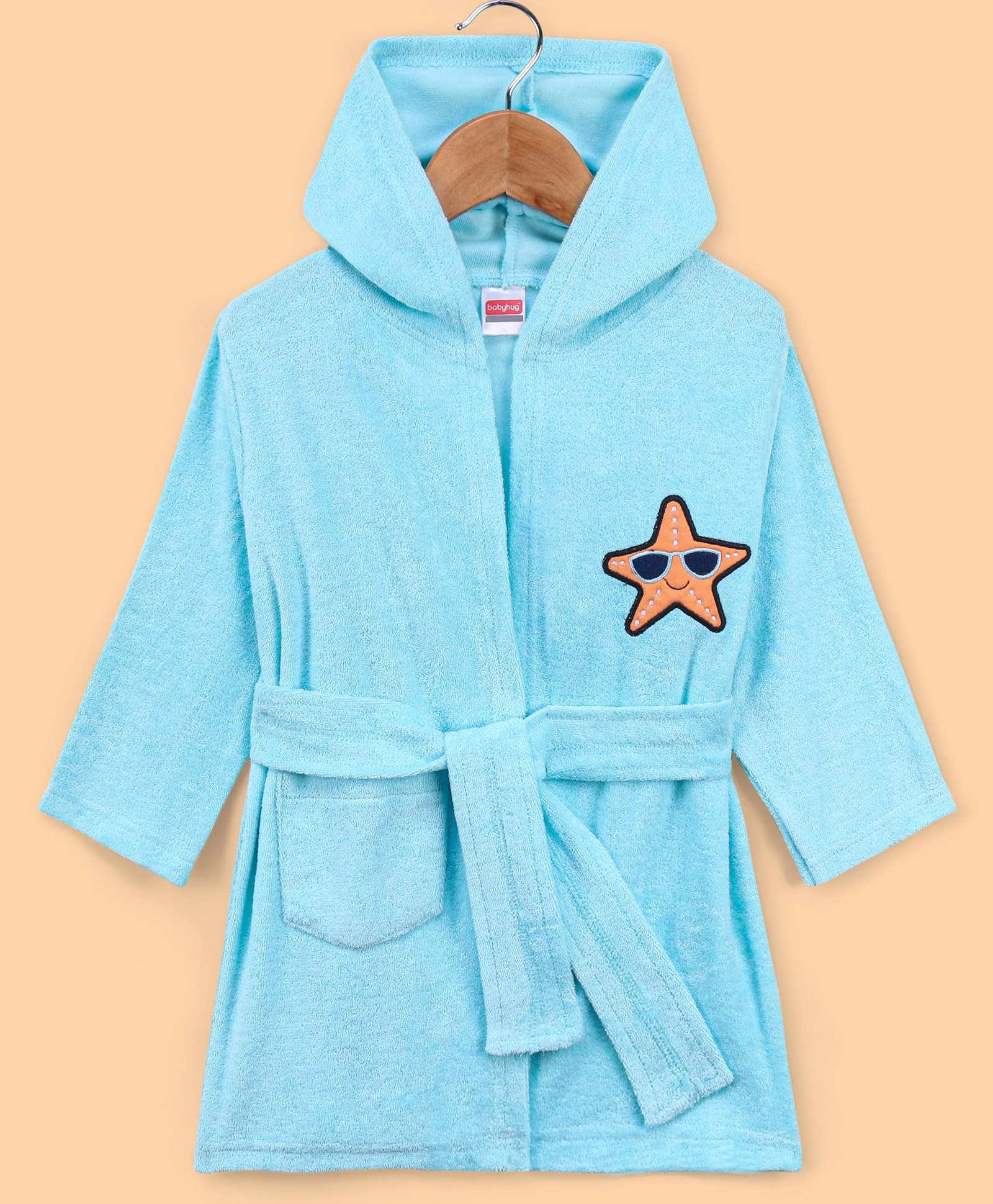 Babyhug  Cotton Terry Knit Full Sleeves Hooded Bath Robe with Pocket Star Fish Embroidery - Blue-image-48
