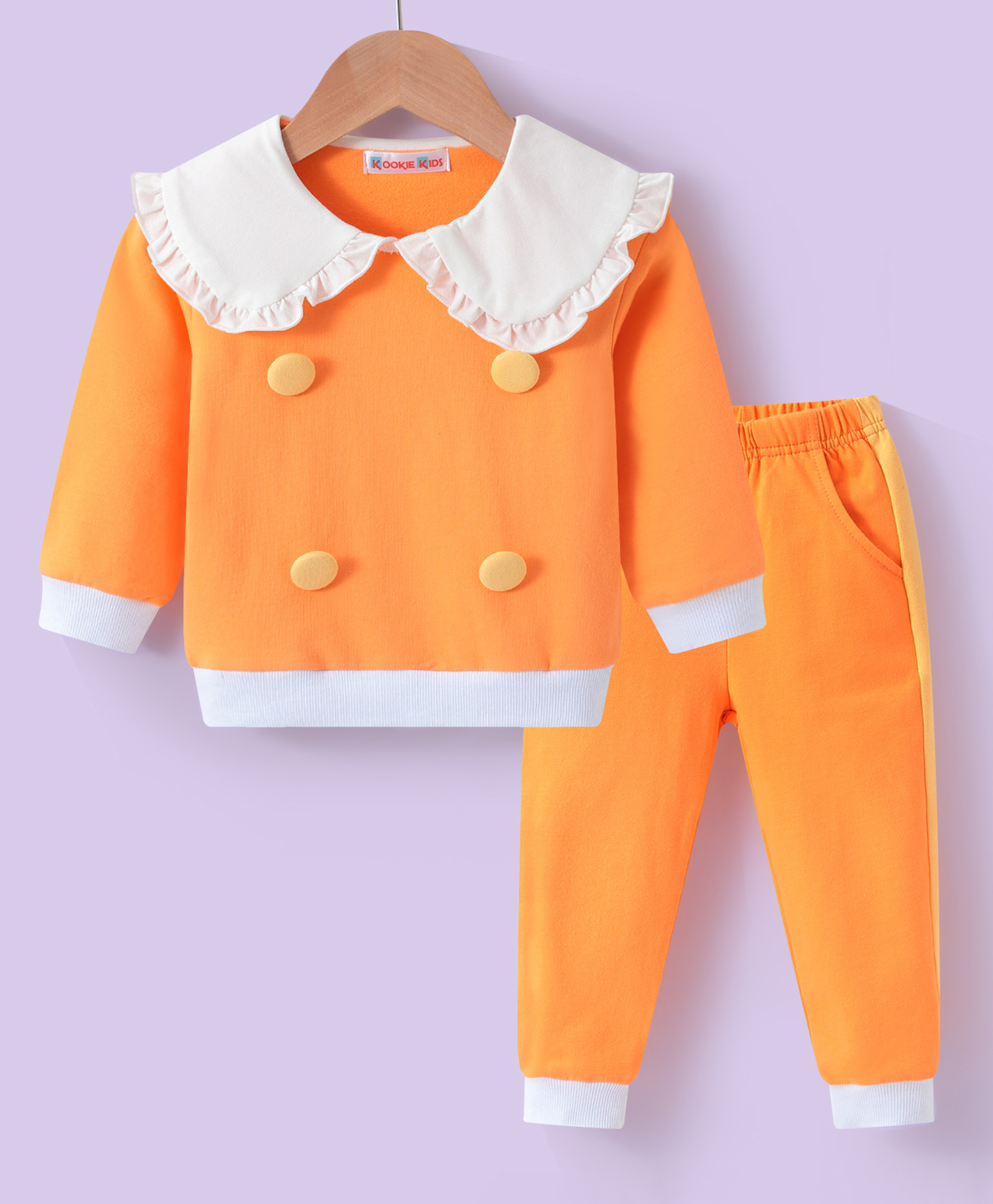 Kookie Kids Full Sleeves Collared Winter Wear Suit With Button Detailing - Orange-image-40