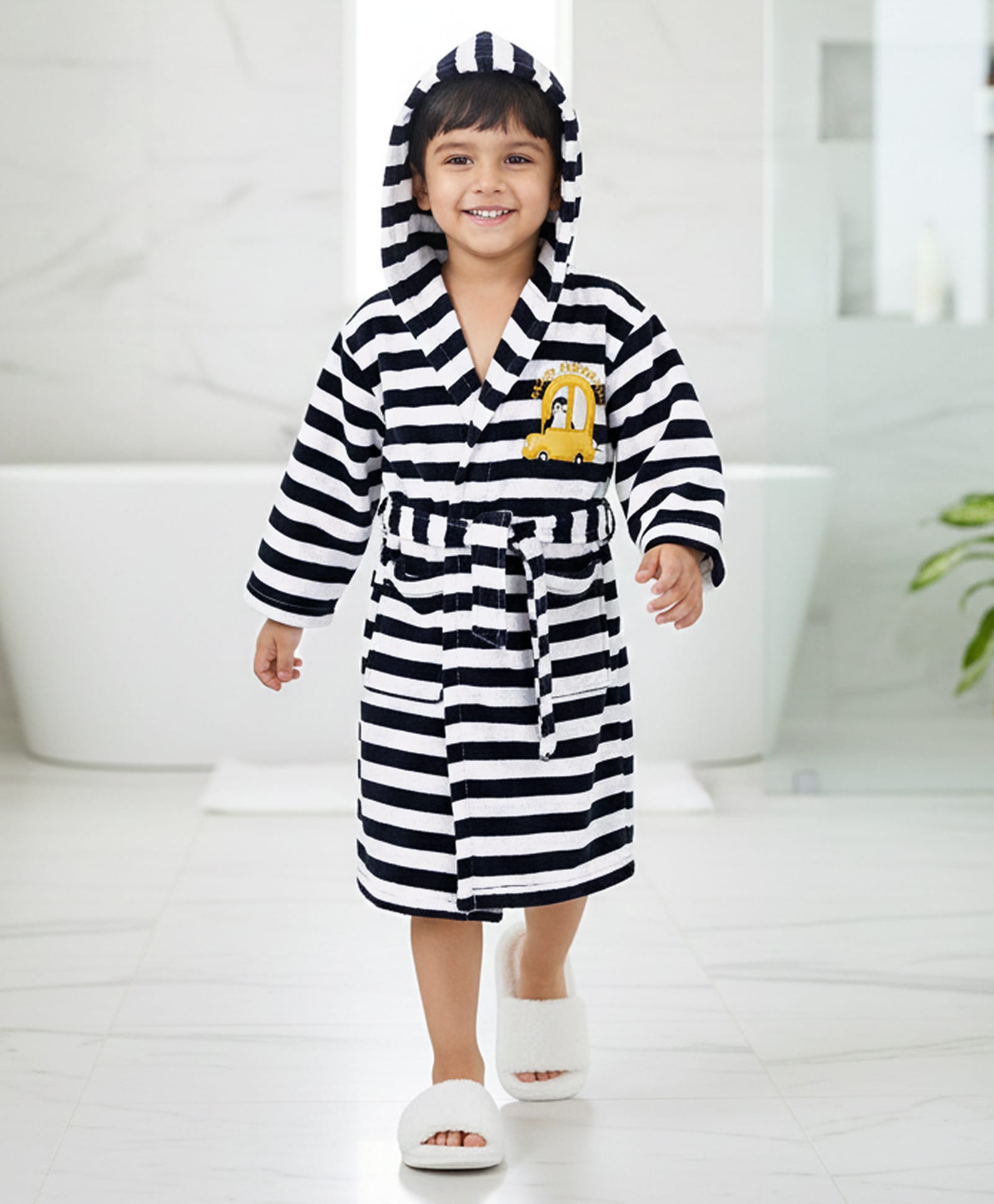 Babyhug Cotton Terry Knit Full Sleeves Striped  Hooded Bath Robe with Car Embroidery - White & Black