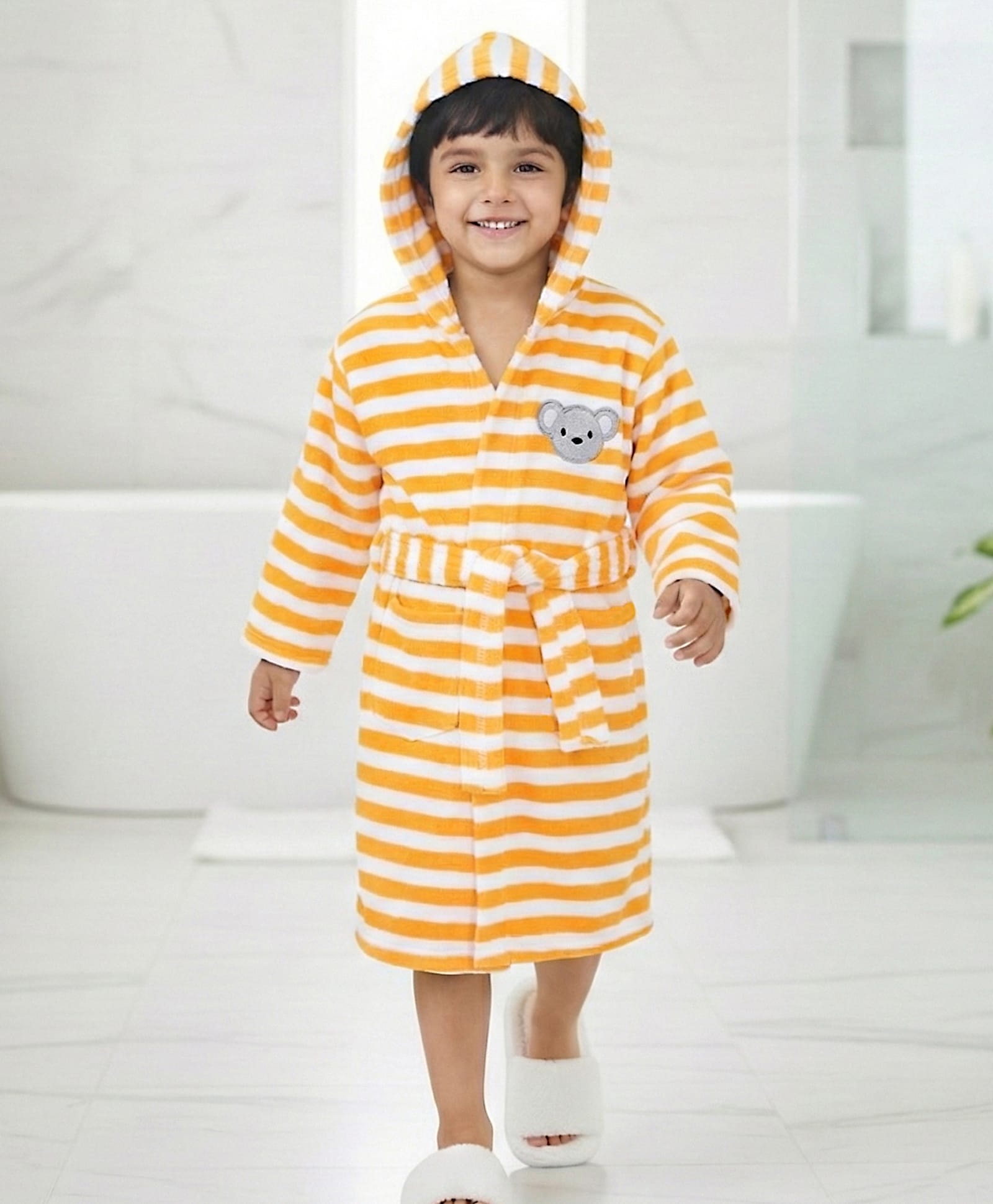 Babyhug Cotton Terry Knit Full Sleeves Striped  Hooded Bath Robe with Teddy Bear Embroidery - Orange-image-41