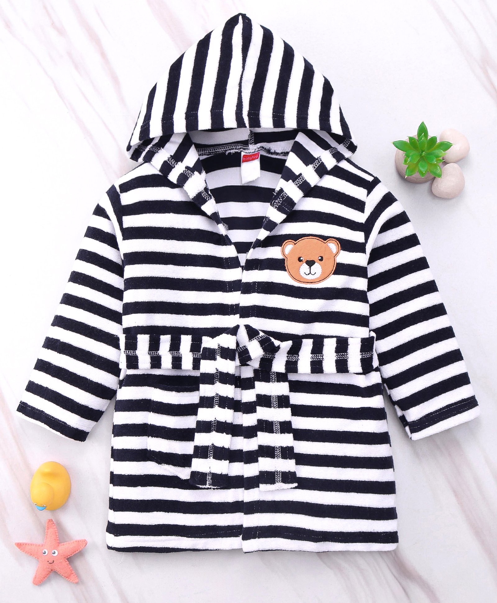 Babyhug Cotton Knit Full Sleeves Striped Hooded Bath Robe With Teddy Patch - Black & White-image-48