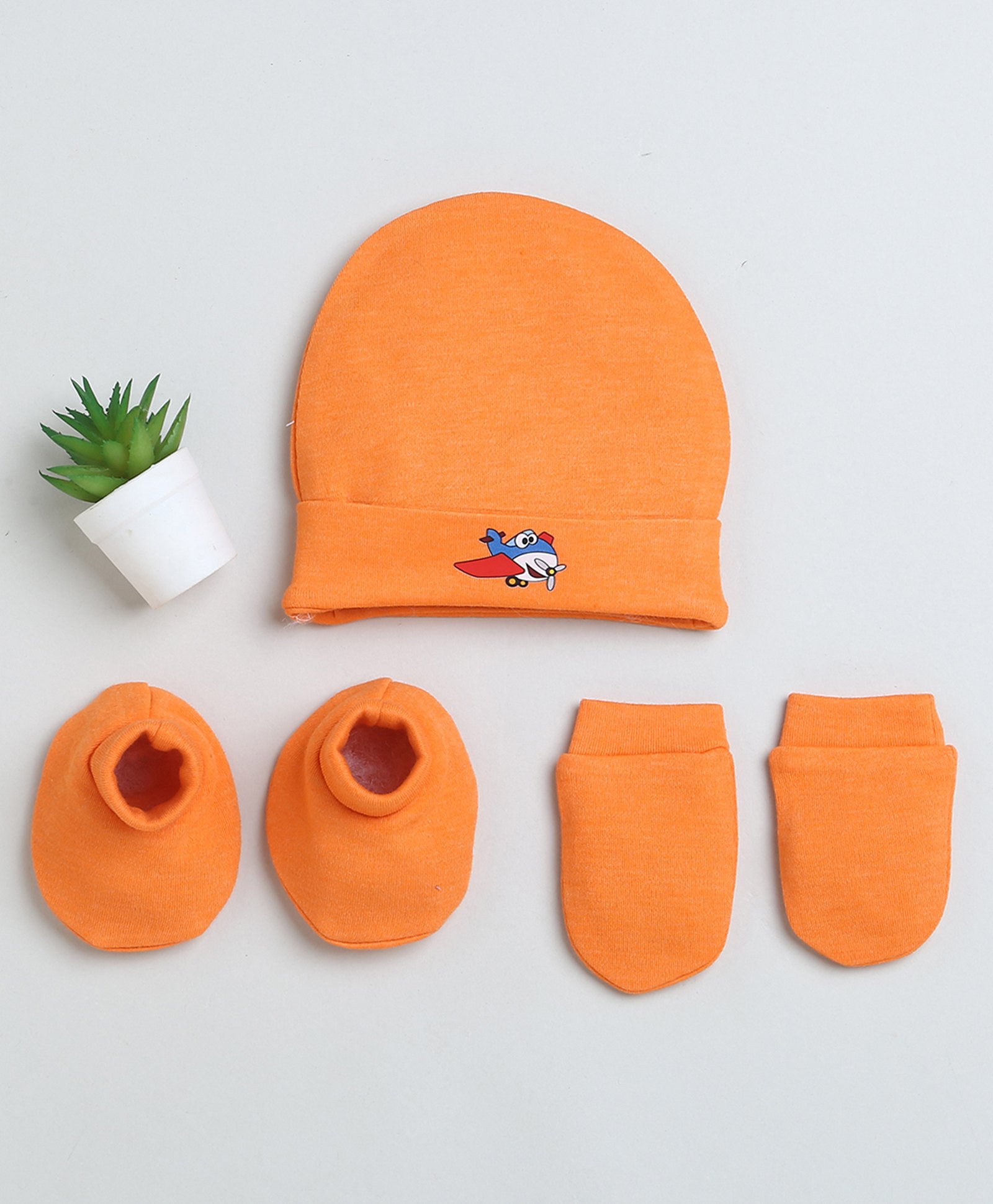 BUMZEE Cotton Placement Aeroplane Printed Cap Mittens & Booties Set - Orange-image-41
