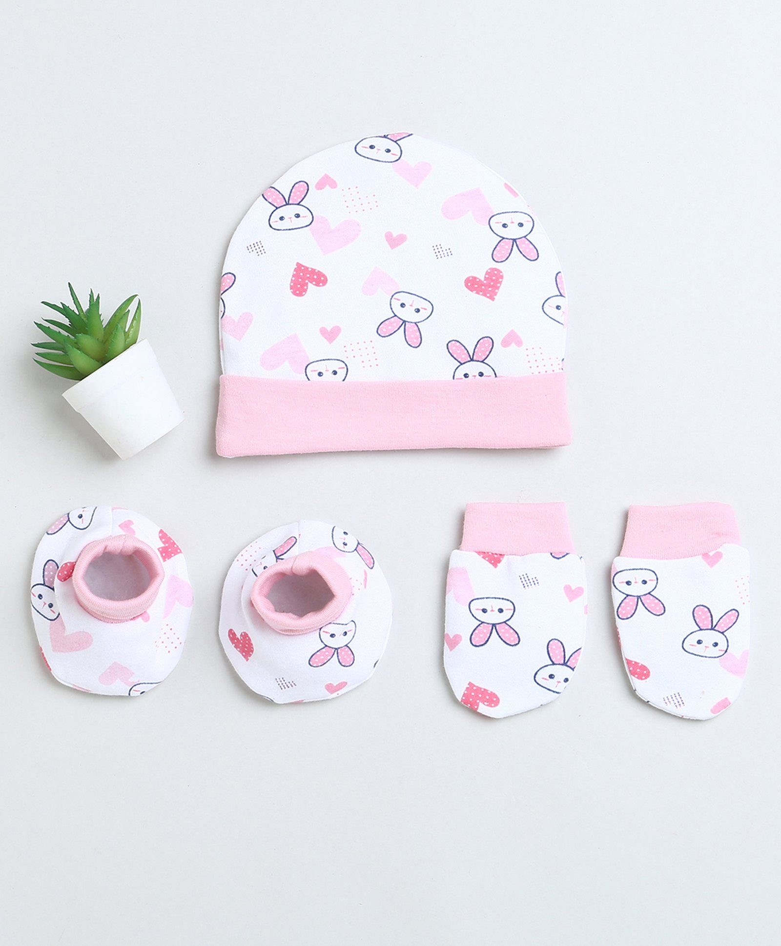 BUMZEE Cotton Bunnies & Hearts Printed Coordinating Cap Mittens & Booties Set - White & Pink-image-39