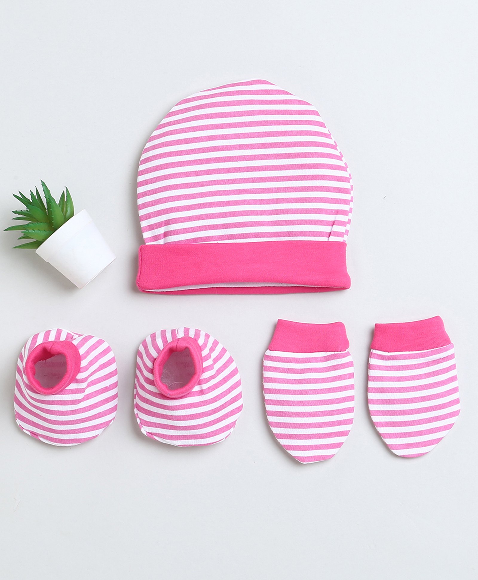 BUMZEE Cotton Striped Cap Mittens & Booties Set - Pink-picture-12