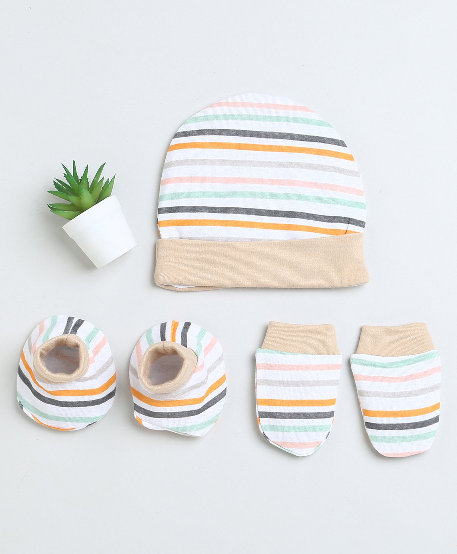 BUMZEE Cotton Striped Cap Mittens & Booties Set - White & Beige-picture-49
