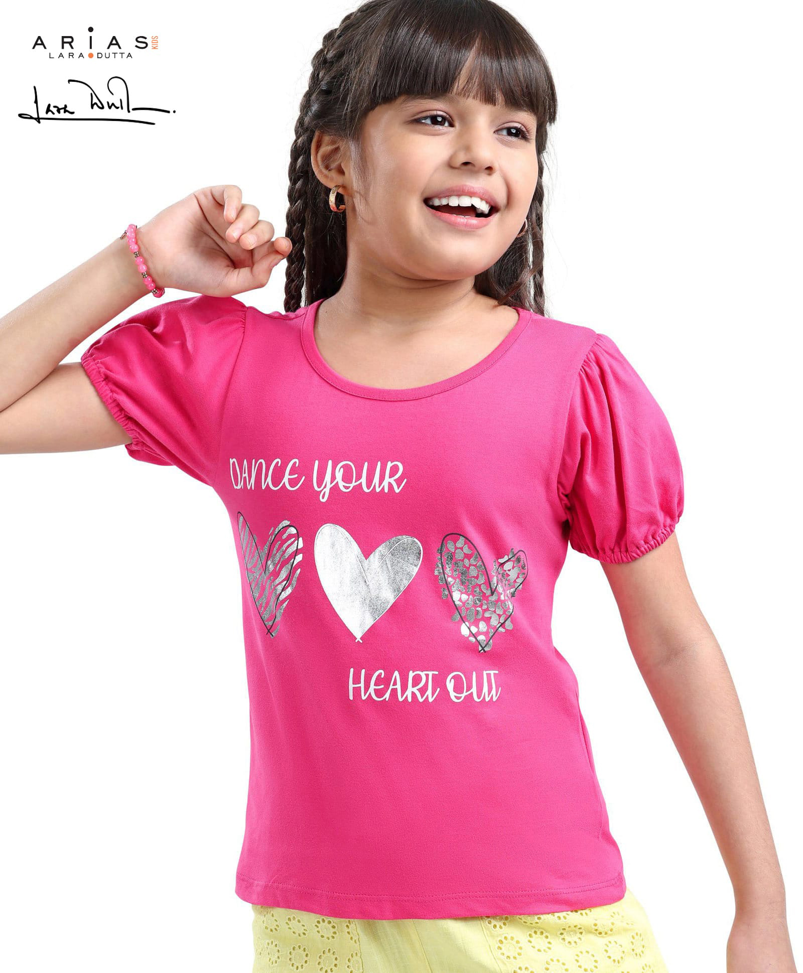 Arias Cotton Knit Puffed Sleeves Top with Foil Placement Print - Pink-image-39